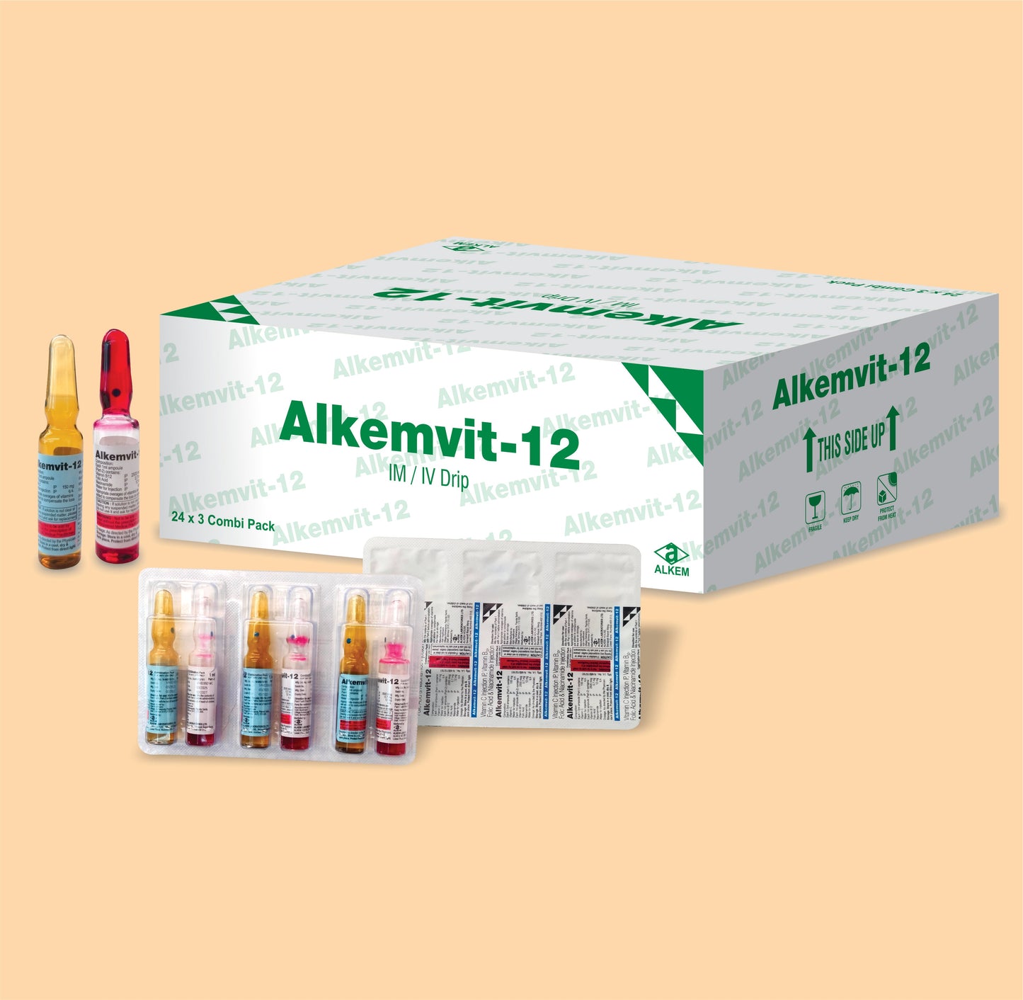 ALKEMVIT-12 Inj (VIAL Vitamin C 150 mg + Vitamin B12 2500 mcg + Folic Acid 0.7 mg + Nicotinamide 12 mg by Alkem