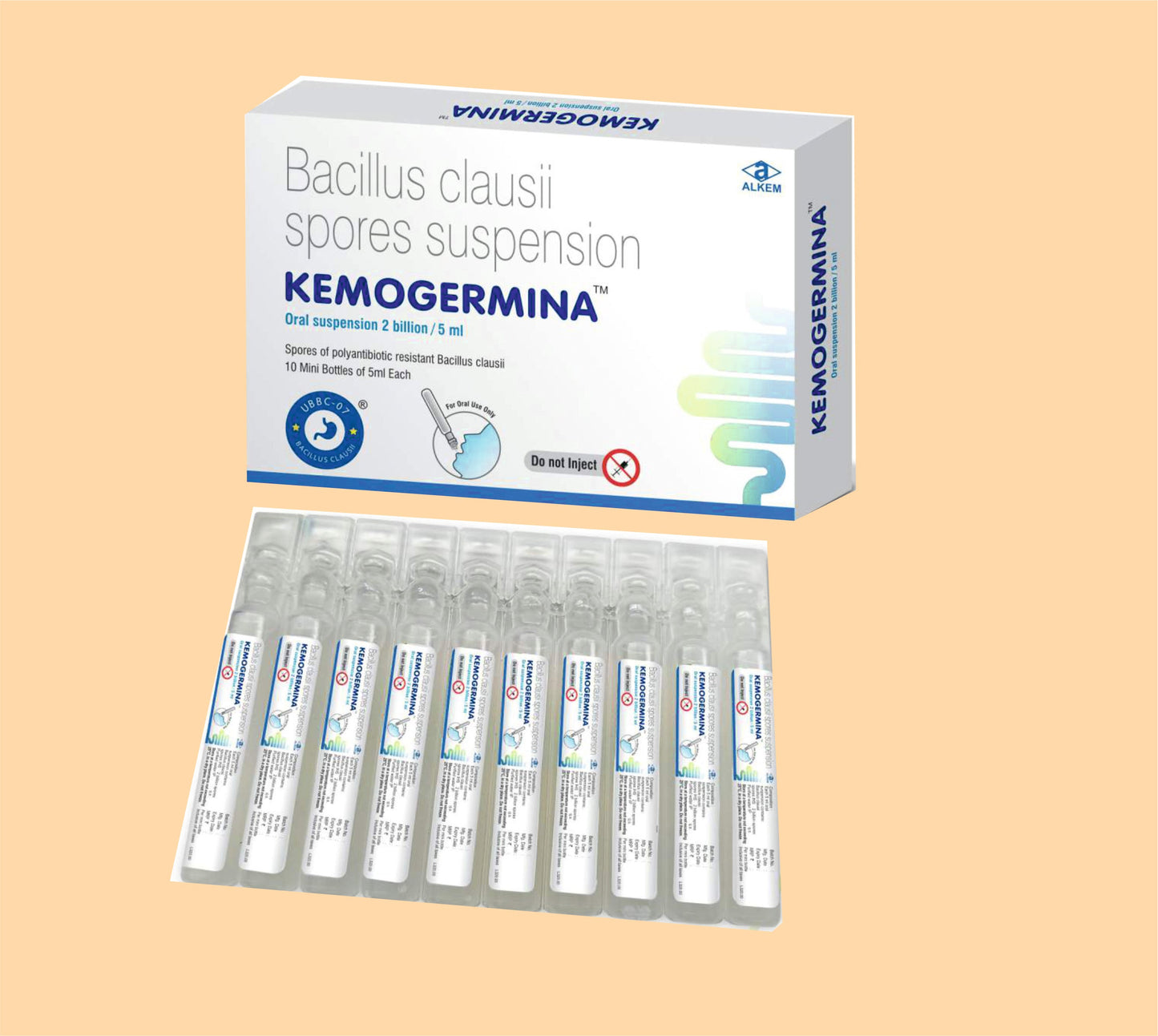 KEMOGERMINA ORAL SUSPENSION
(5ml x 10's) (5ml x 10's Bacillus Clausii spores by Alkem