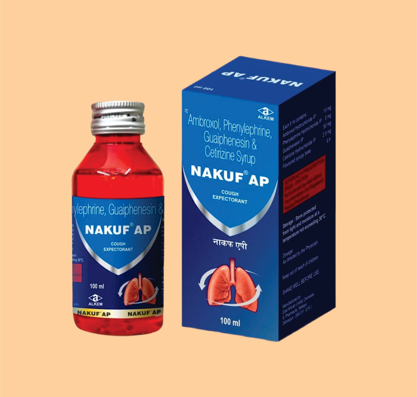 NAKUF AP+ SYRUP (100 ml Cetirizine Hydrochloride 2.5 mg + Ambroxol Hydrochloride 15 mg + Guaiphenesin 50 mg + Phenylephrine Hydrochloride 5 mg by Alkem