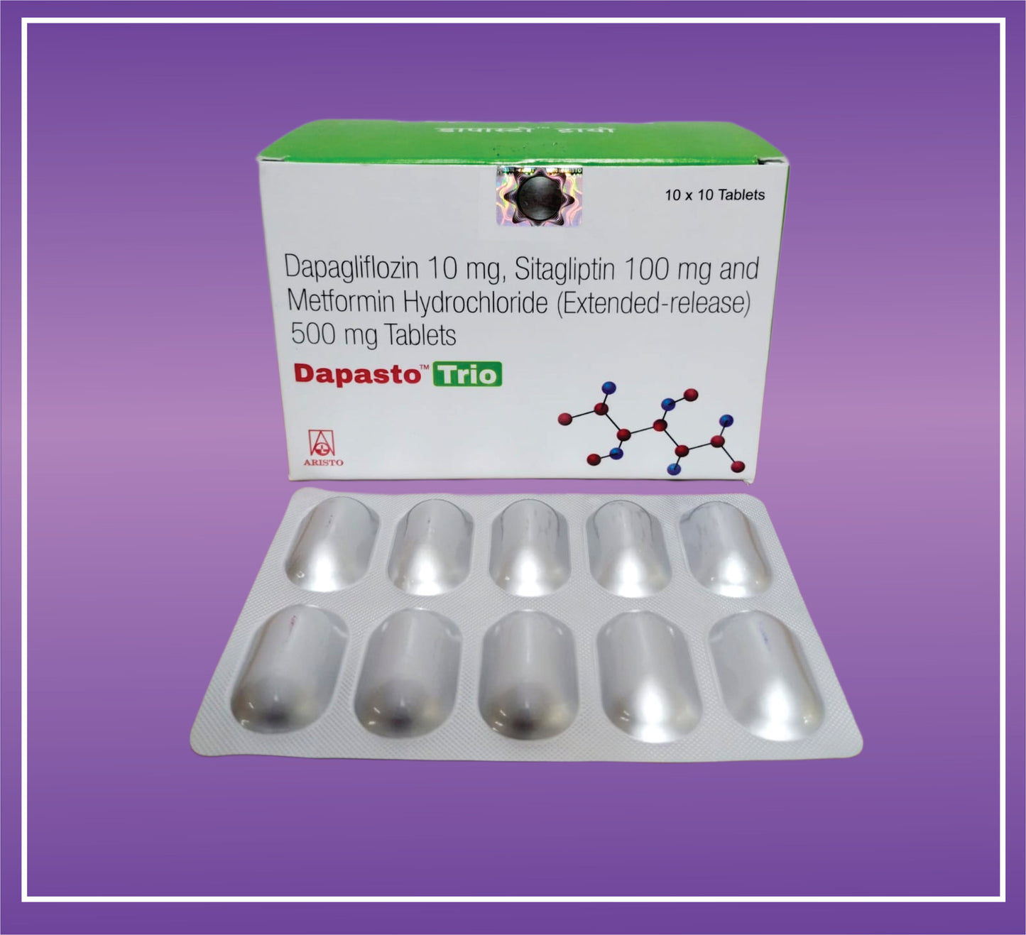 Dapasto Trio 500 Tab (10x10) Dapagliflozin 10mg + Metformin 500mg + Sitagliptin 100mg by Aristo