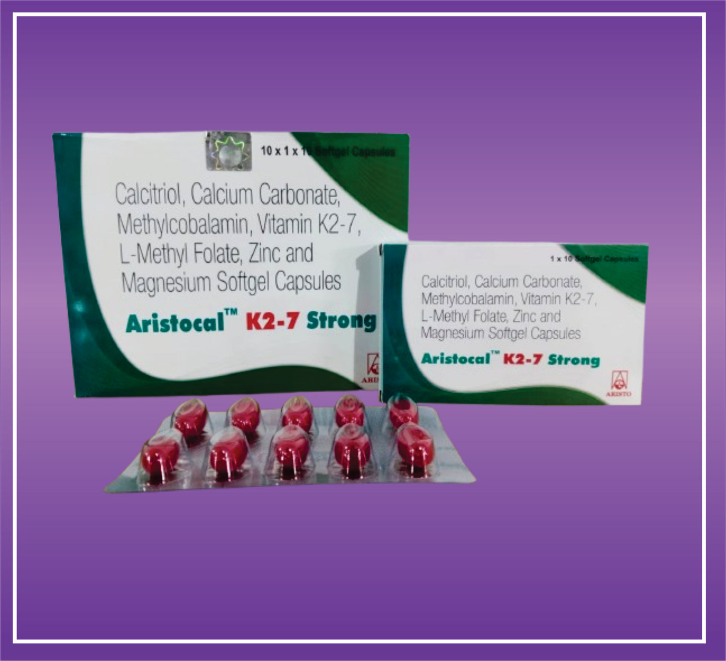 Aristocal K2-7 Strong Caps (10x1x10) Calcitriol (0.25mcg) + Calcium Carbonate (1250mg) Vitamin K27 (45mcg) + Mecobalamin (1500mcg) Zinc (7.5mg) + Magnesium (50mg) + L-Methyl Folate (800mcg) + Softgel Gelatin Capsules by Aristo