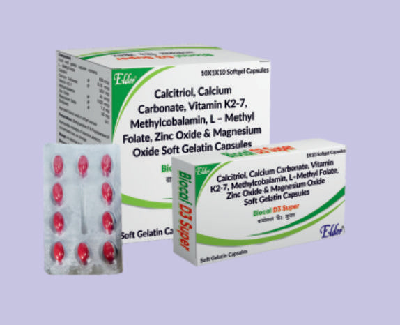 BIOCAL D3 SUPER SOFT GELS 10'S ( CALCITRIOL IP 0.25MCG, CALCIUM CARBOPNATE IP 500MG, ZINK IP 7.5MG, MAGNESIUM IP 50MG, VITAMIN K27 45MCG, METHYLCOBALAMIN IP 1500MCG, L-METHYLFOLATE IP 800MCG ) by Elder