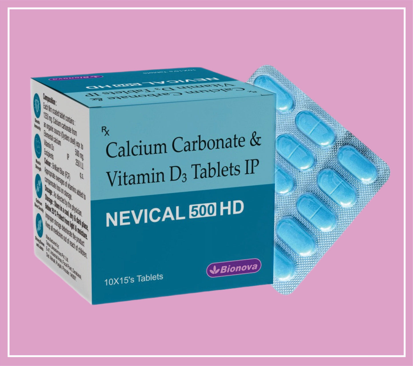NEVICAL 500 HD TABS 10X15's (Calcium Carbonate 1250MG (Eq elemental Calcium 500mg) + Vit D3 - 500 IU) by Bionova