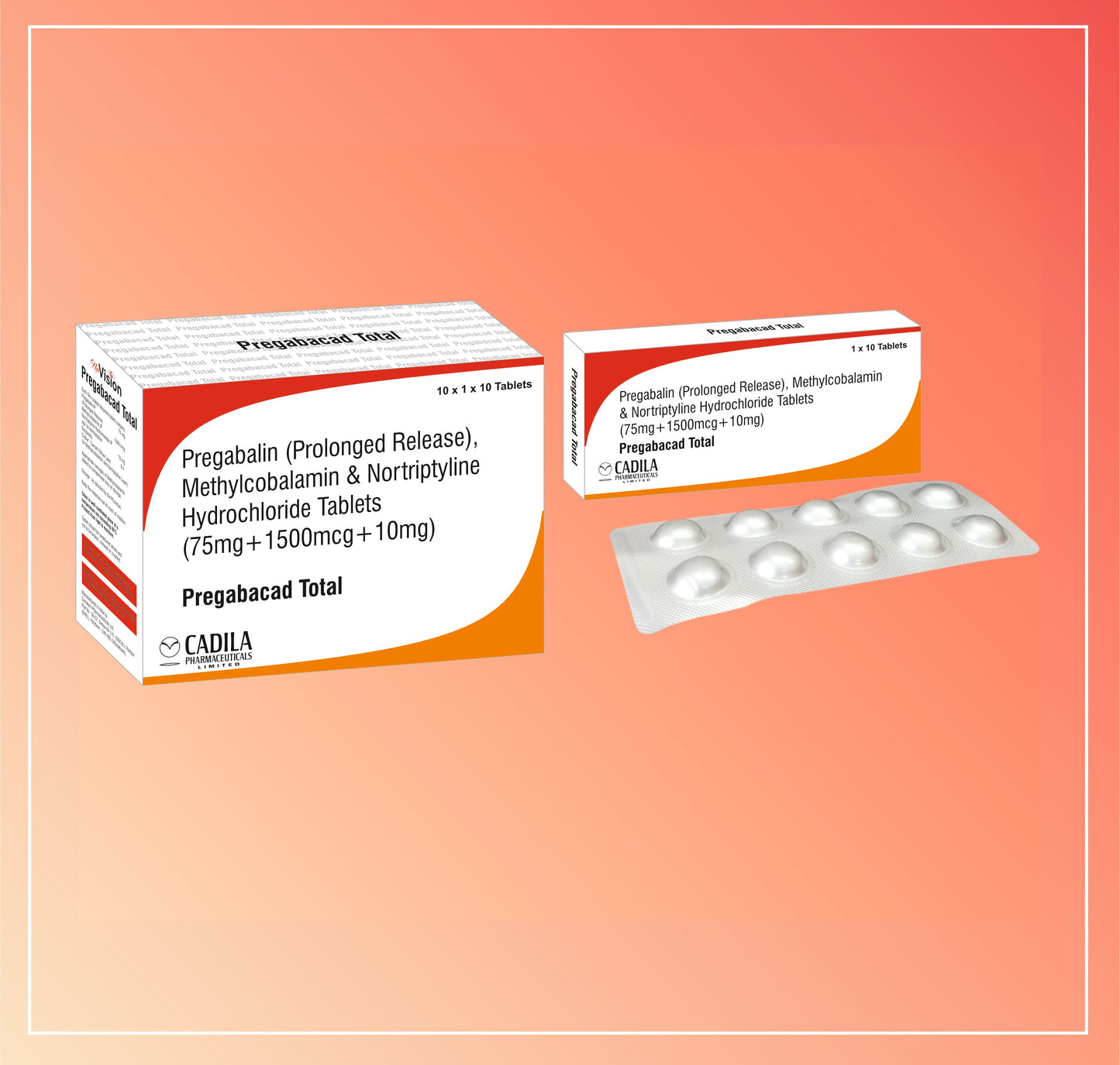 PREGABACAD TOTAL TAB 10X10 T (10x10 T) Pregabalin 75mg Sustained Release + Mecobalamin 1500 mcg + Nortriptyline 10mg Tablets