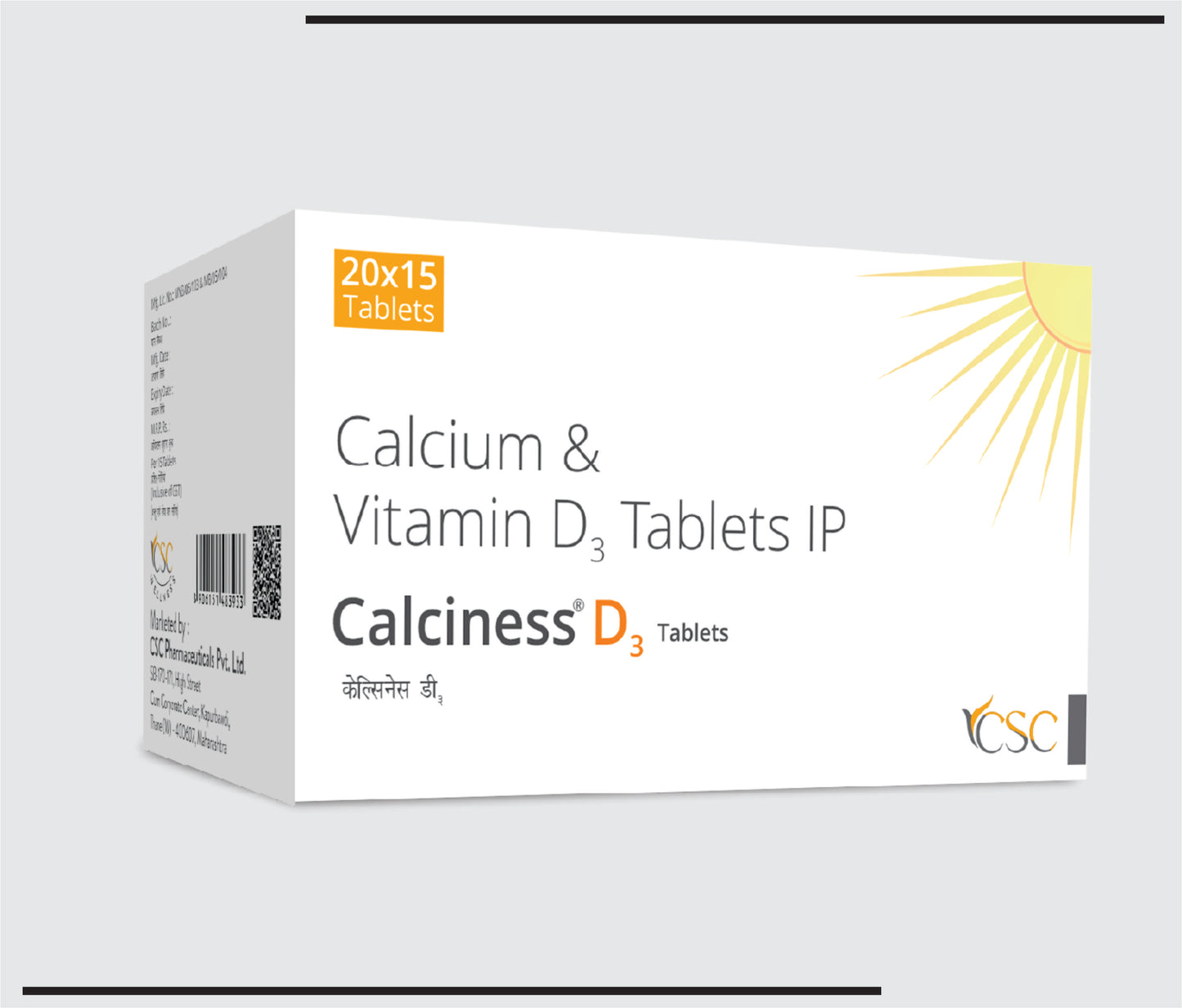Calciness D3 (20x15 )Calcium Carbonate 500 mg + Vitamin D3 250IU by CSC