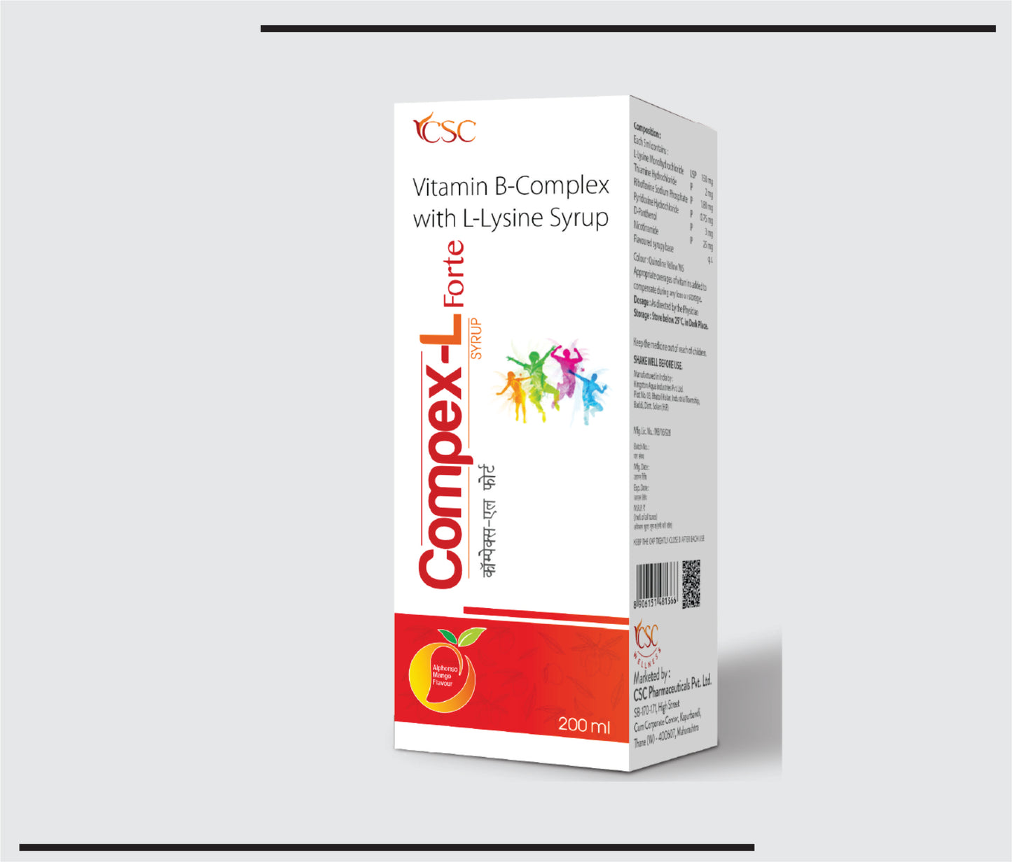 Compex L Forte (200ml )L-Lysine Monohydrochloride 150 mg + Thiamine Hydrochloride 2 mg + Riboflavine Sodium Phosphate 1.80 mg + Pyridoxine Hydrochloride 0.75 mg + D-Panthenol 3 mg + Nicotinamide 25 mg by CSC