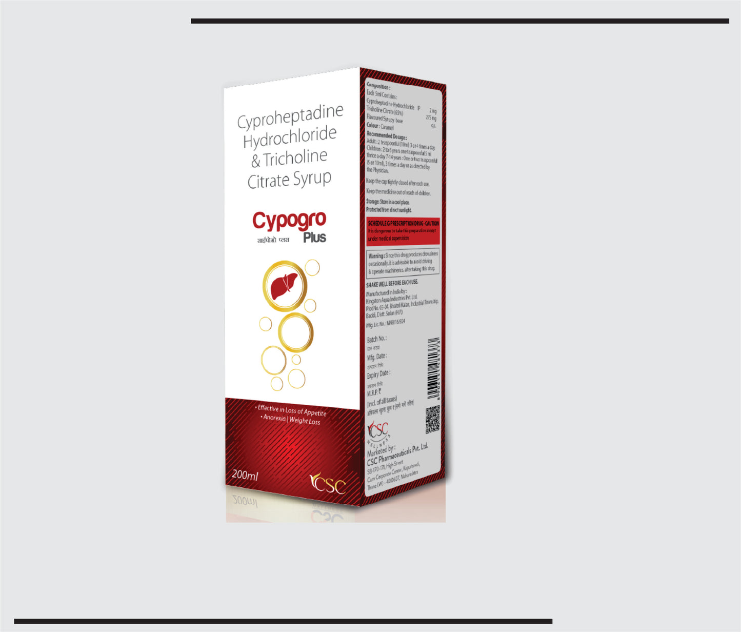 Cypogro Plus (200ml )Cyproheptadine HCI+ Tricholine Citrate Syrup by CSC