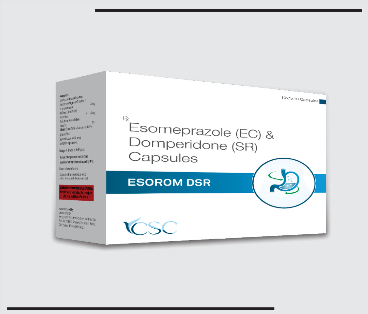 Esorom DSR (10x1x10 )Esomeprazole 40mg (Enteric Coated) + Domperidone 30 mg (Sustained Release) by CSC