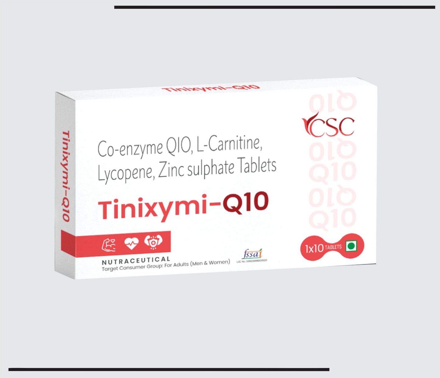 Tinixymi Q10 (10x1x10 )Co-enzyme Q10 100 mg+L-Carnitine 250 mg +Lycopene 2000 mcg+Zinc Sulphate 12 mg Tablet by CSC