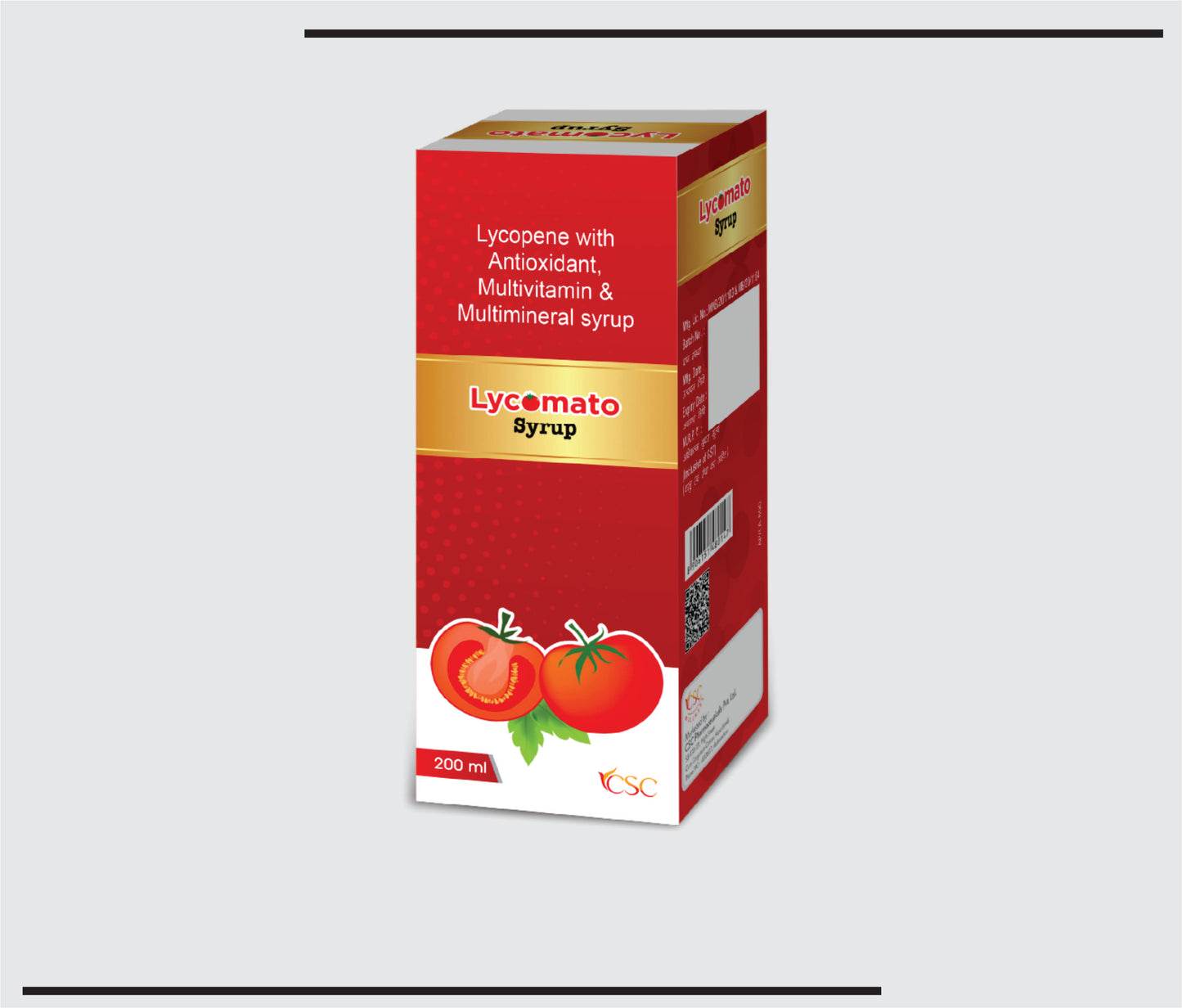 Lycomato (200ml )Lycopene 6% 1000mcg, Vitamin A 2500 IU, Ascorbic Acid (Vitamin C) 50mg, Vitamin E 10 IU, Selenium 35 mcg, Zinc 3mg, Maganese 2mcg, Iodine 100mcg, Copper 500mcg, Thiamine Hcl 2mg, Riboflavin 3mg & Pyridoxine Hcl 1.5mg by CSC