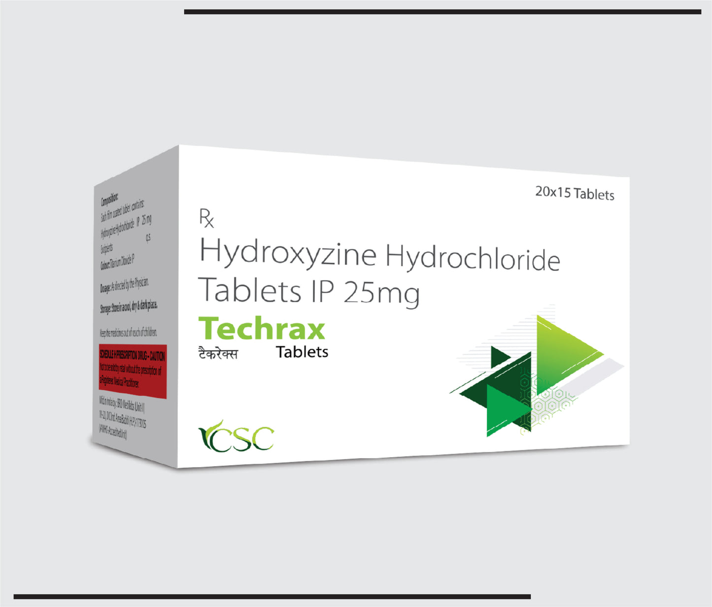 Techrax (20x15 )Hydroxyzine Hydrochloride Tablets I.P. 25 mg by CSC