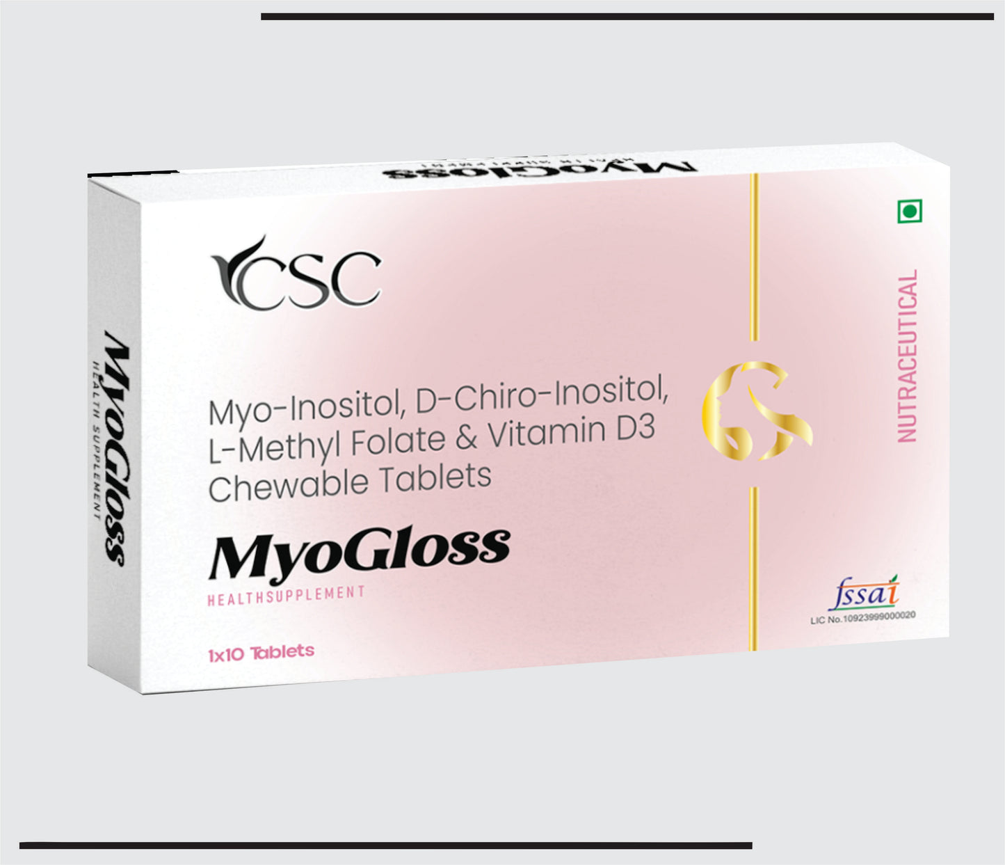MyoGloss (10x1x10 )Myo-Inositol, D-Chiro-Inositol, L-Methyl Folate & Viatmin D3 Chewable Tablets by CSC