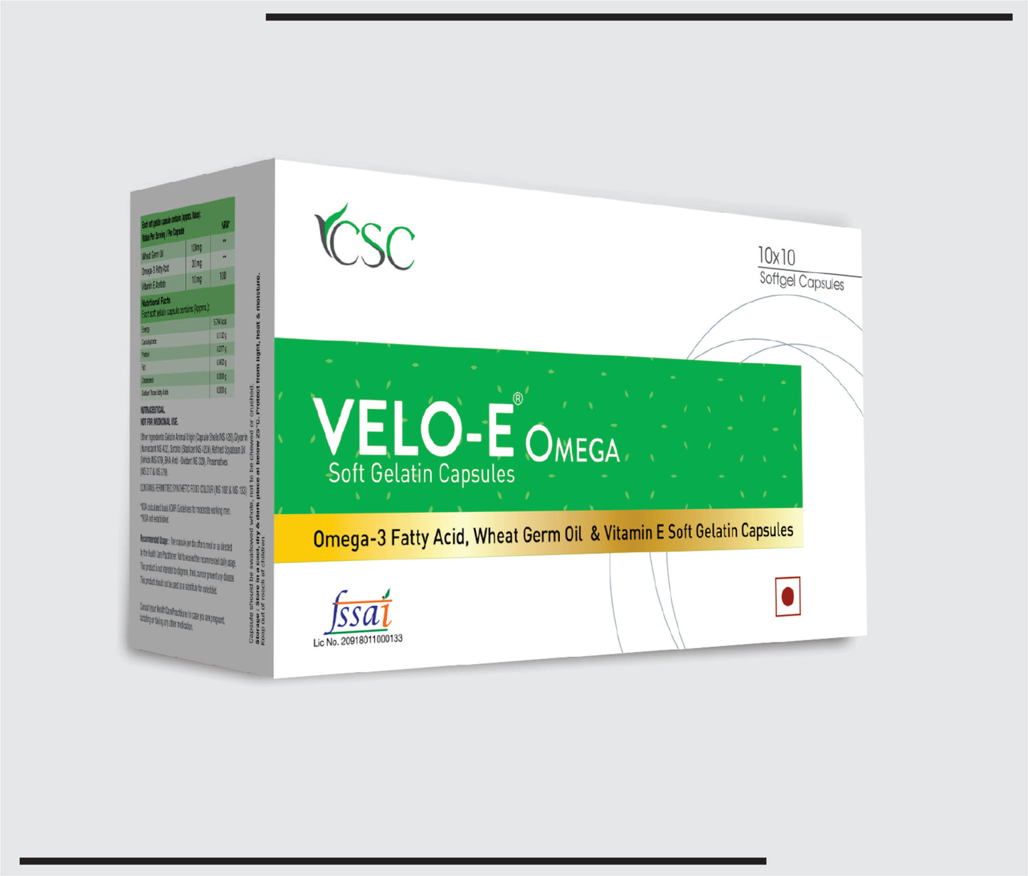Velo E Omega (10x1x10 )Vitamin E + Wheat Germ oil & Omega 3 Fatty Acid Softgel Capsules by CSC