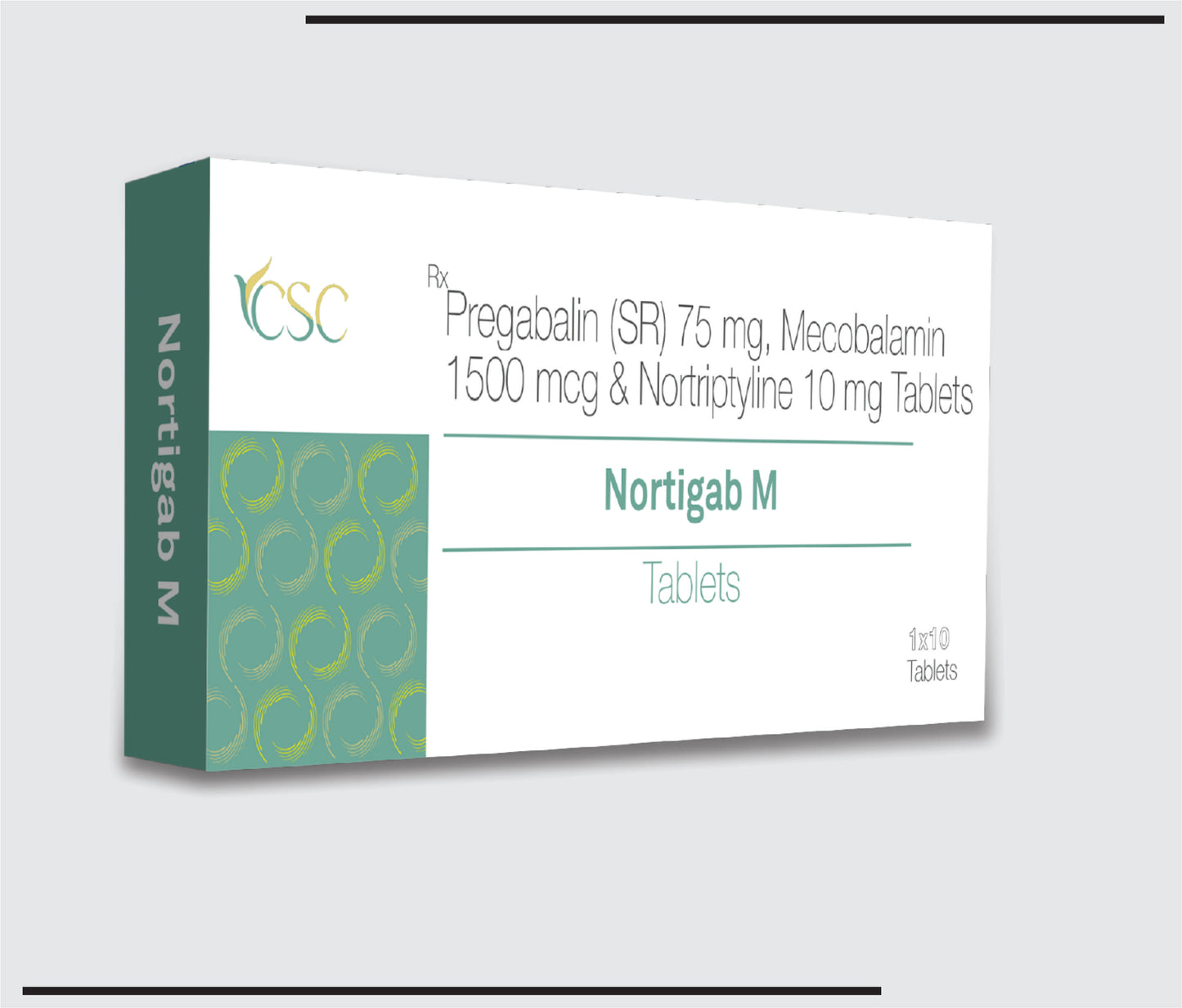 Nortigab M (10x1x10 )Pregabalin 75mg + Methylcobalamin 1500mcg + Nortriptyline Hydrochloride 10mg by CSC