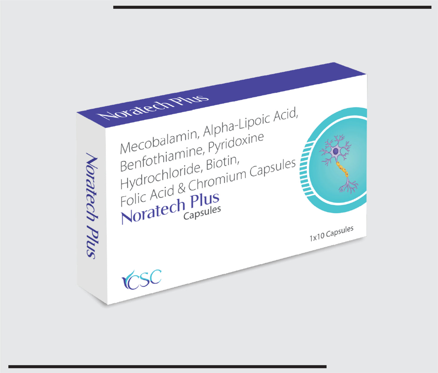 Noratech Plus (10x1x10 )mecobalamin- 1500mcg+vitamin b6 (pyridoxine)- 3mg+folic acid 1.5mg+alpha lipoic acid- 100mg+benfotiamine-50mg+biotin-5mg+chromium picolnate-200mcg caps by CSC