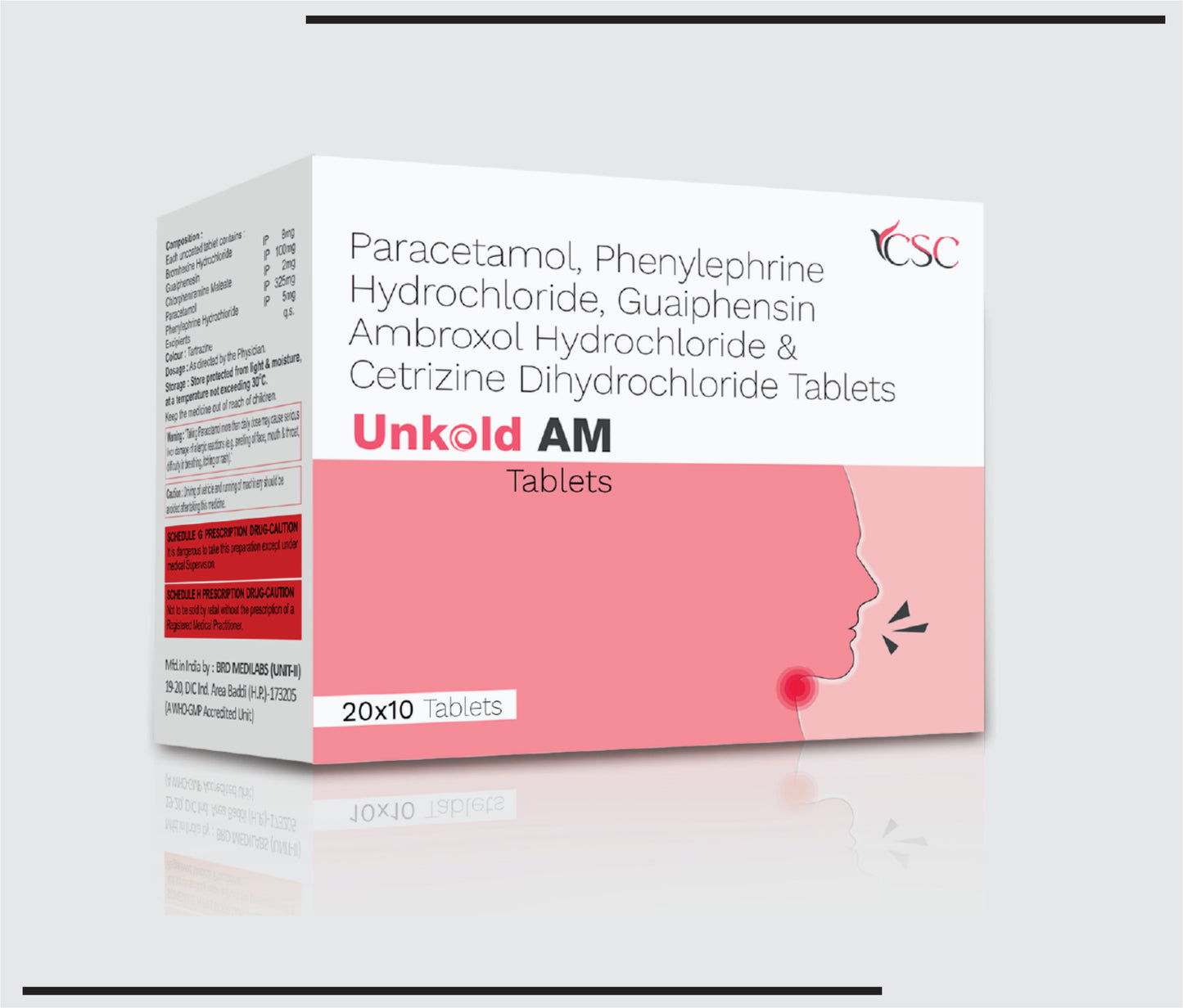Unkold AM (20x10 )Paracetamol 325mg + Phenylepherine Hydrochloride 5mg + Guaiphensin 50mg + Ambroxol Hydrochloride 15mg + Cetirizine Dihydrochloride 5mg by CSC