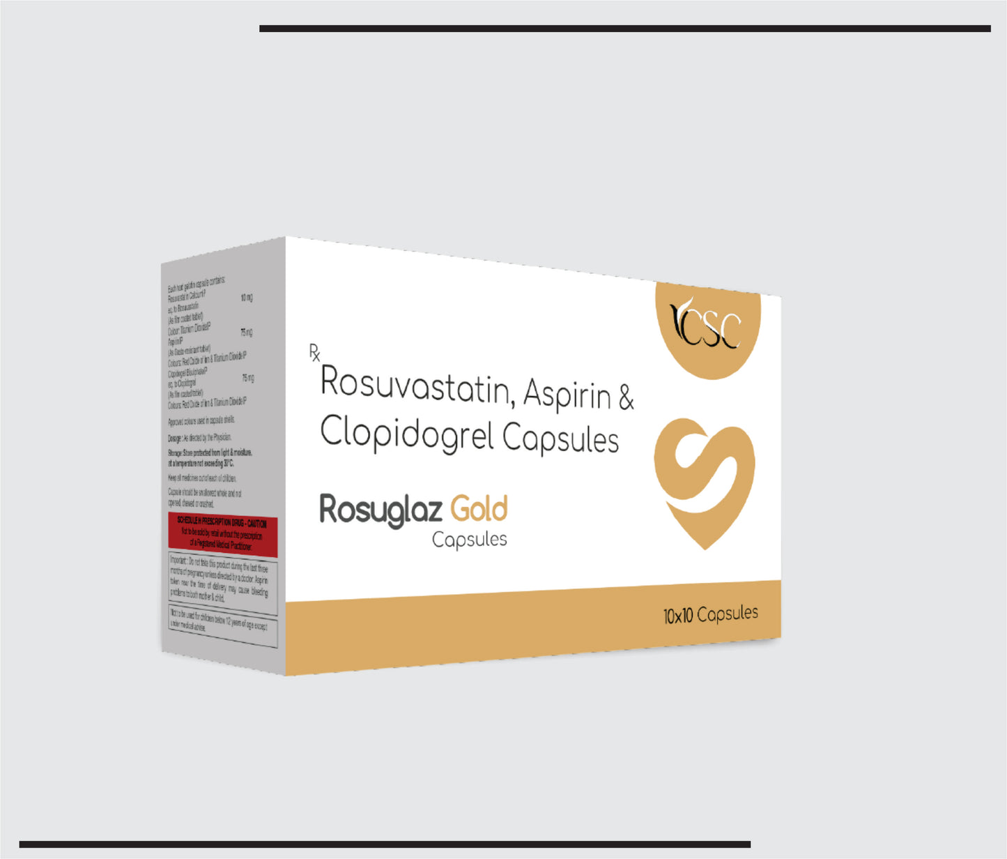 Rosuglaz Gold (10X10 )Rosuvastatin 10 mg + clopidogrel 75 mg + Aspirin 75 mg by CSC