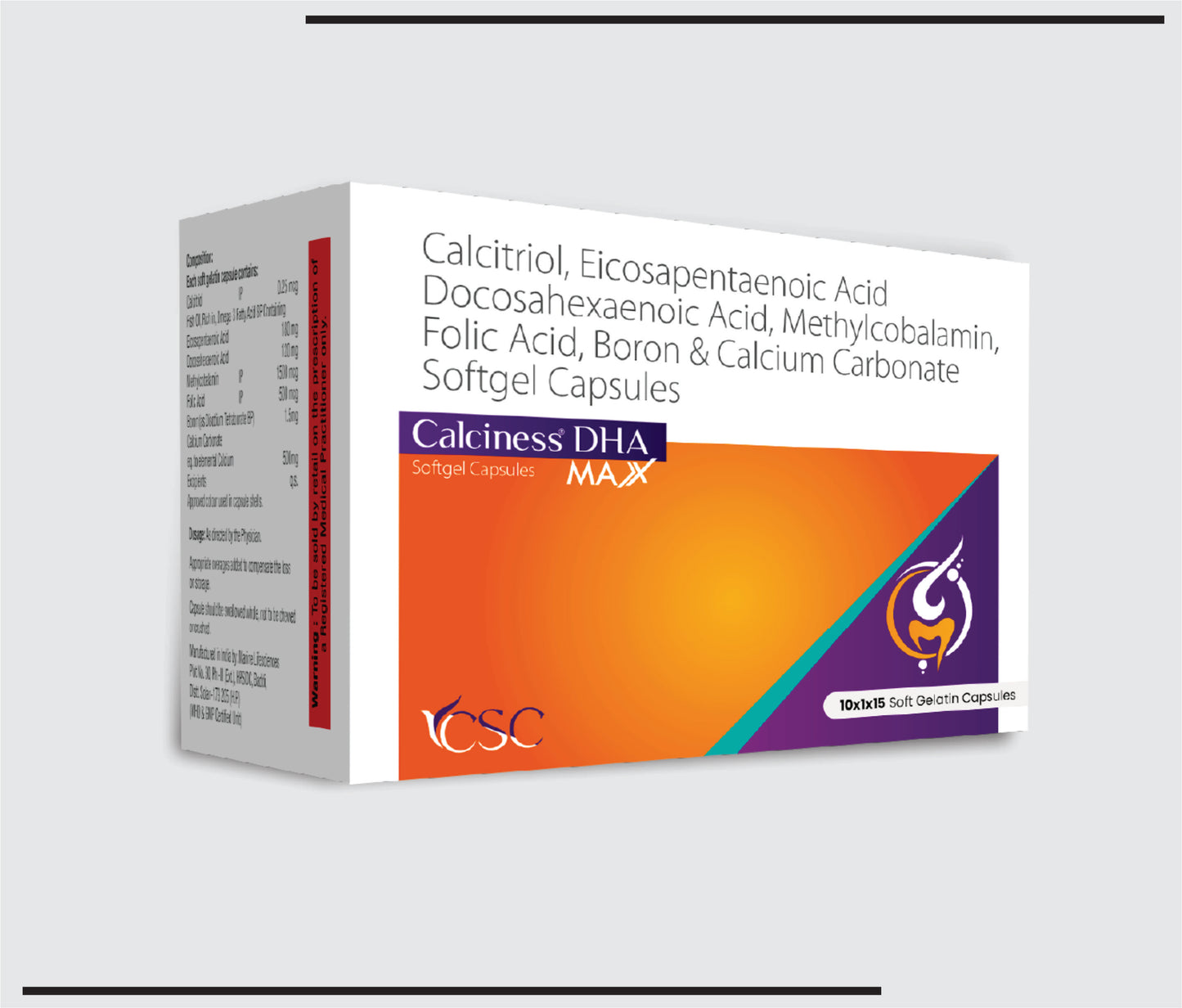 Calciness DHA Max (10x1x15 )Calcitriol 0.25mcg +Fish Oil rich in Omega 3 Fatty Acid+Eicosapentaenoic Acid 180mg+Docosahexaenoic Acid 120 mg+Methylocobalamin 1500mcg+Folic Acid 500mcg+ Boron 1.5 mg & Calcium Carbonate 500 mg Softgel by CSC