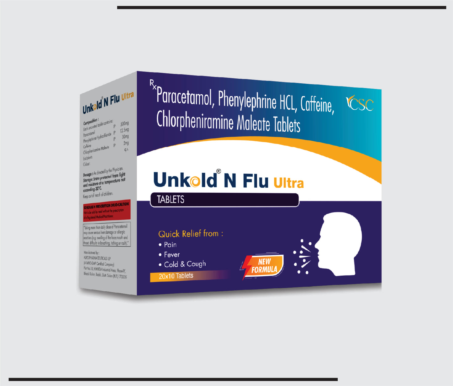 Unkold N Flu Ultra (20x10 )Paracetamole 500mg + Pheny 12.5+ Caffeine 30mg + Chlorpheniramine Maleate 2 mg by CSC