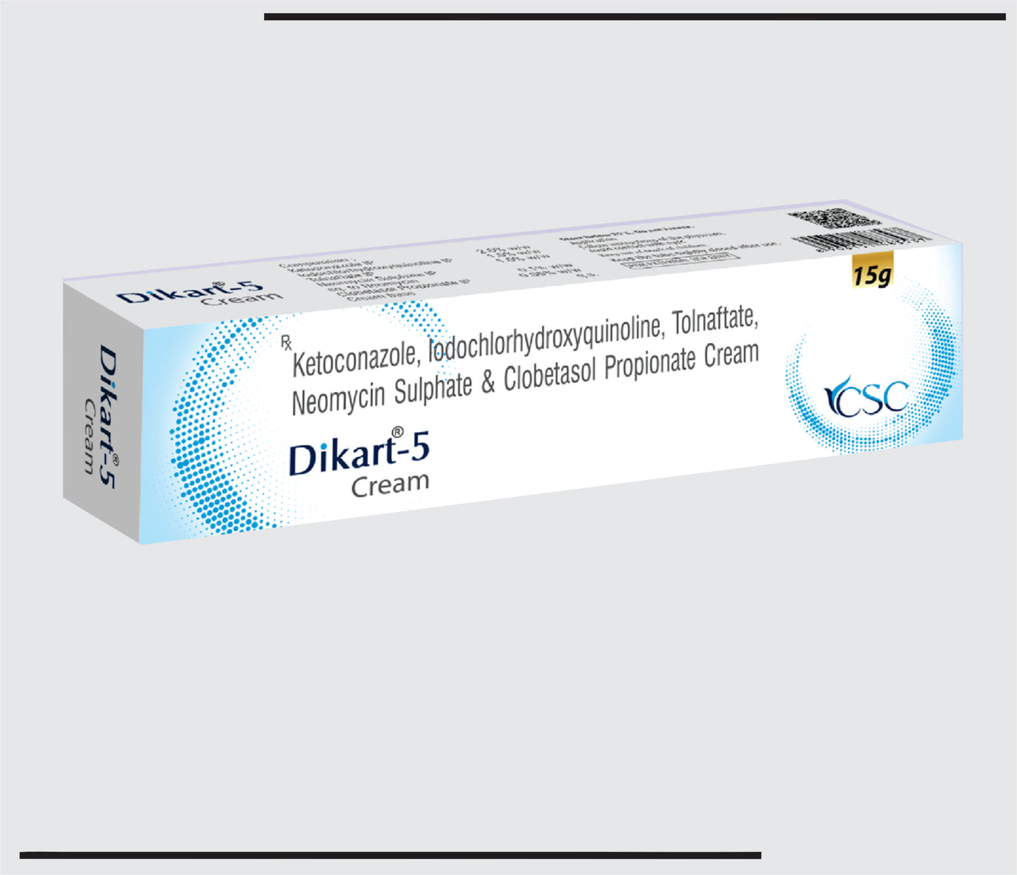 Dikart-K5 (15g )Ketoconazole 2.0% w/w + Iodochlorhydroxyquinoline 1.0% w/w + Clobetasole Propionate 0.05% w/w + Gentamicin 0.10% w/w + Chlorocresol 0.10% w/w by CSC