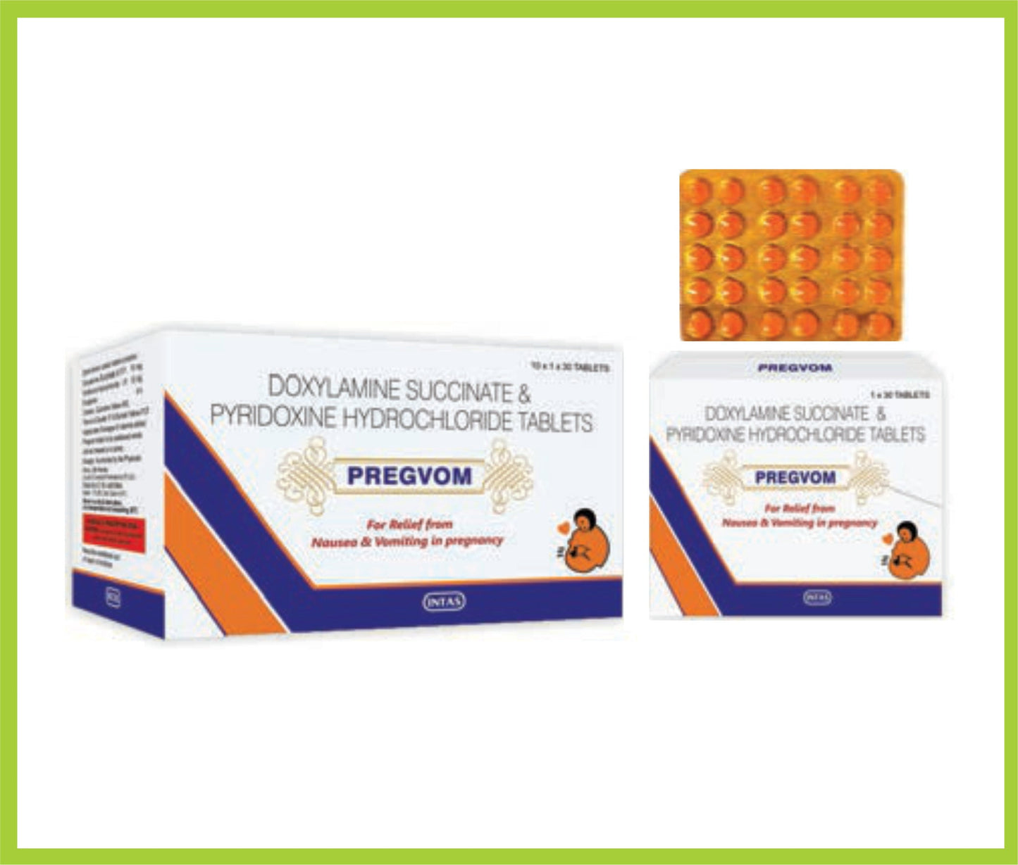 PREGVOM 30 TAB (Doxylamine Succinate 10 mg + Pyridoxine 10 mg) by Intas