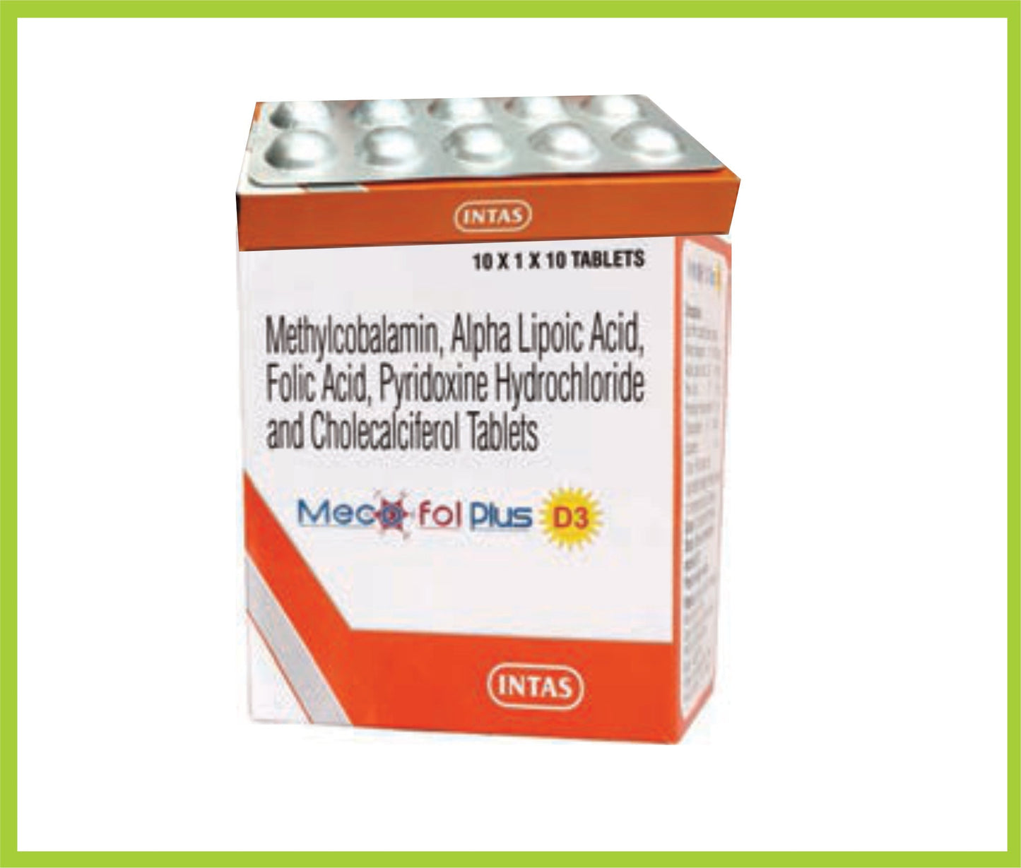MECOFOL PLUS D3 10 قرص (ميثيل كوبالامين 1500 ميكروجرام + حمض ألفا ليبويك 100 ملجم + حمض الفوليك 1.5 ملجم + بيريدوكسين هيدروكلوريد 3 ملجم + كولي كالسيفيرول 1000 وحدة دولية) من Intas