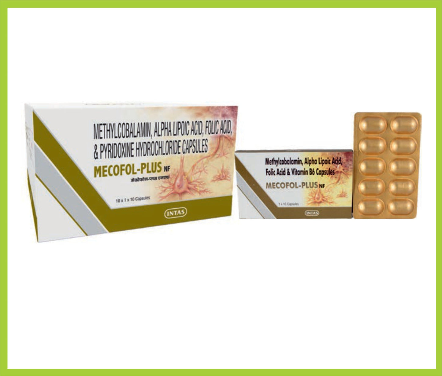 MECOFOL PLUS NF 10 CAP (مجموعة) (ميثيل كوبالامين 1500 ميكروجرام + حمض ألفا ليبويك 100 ميكروجرام + حمض الفوليك 1.5 ملجم + بيريدوكسين هيدروكلوريد 3 ملجم) من Intas