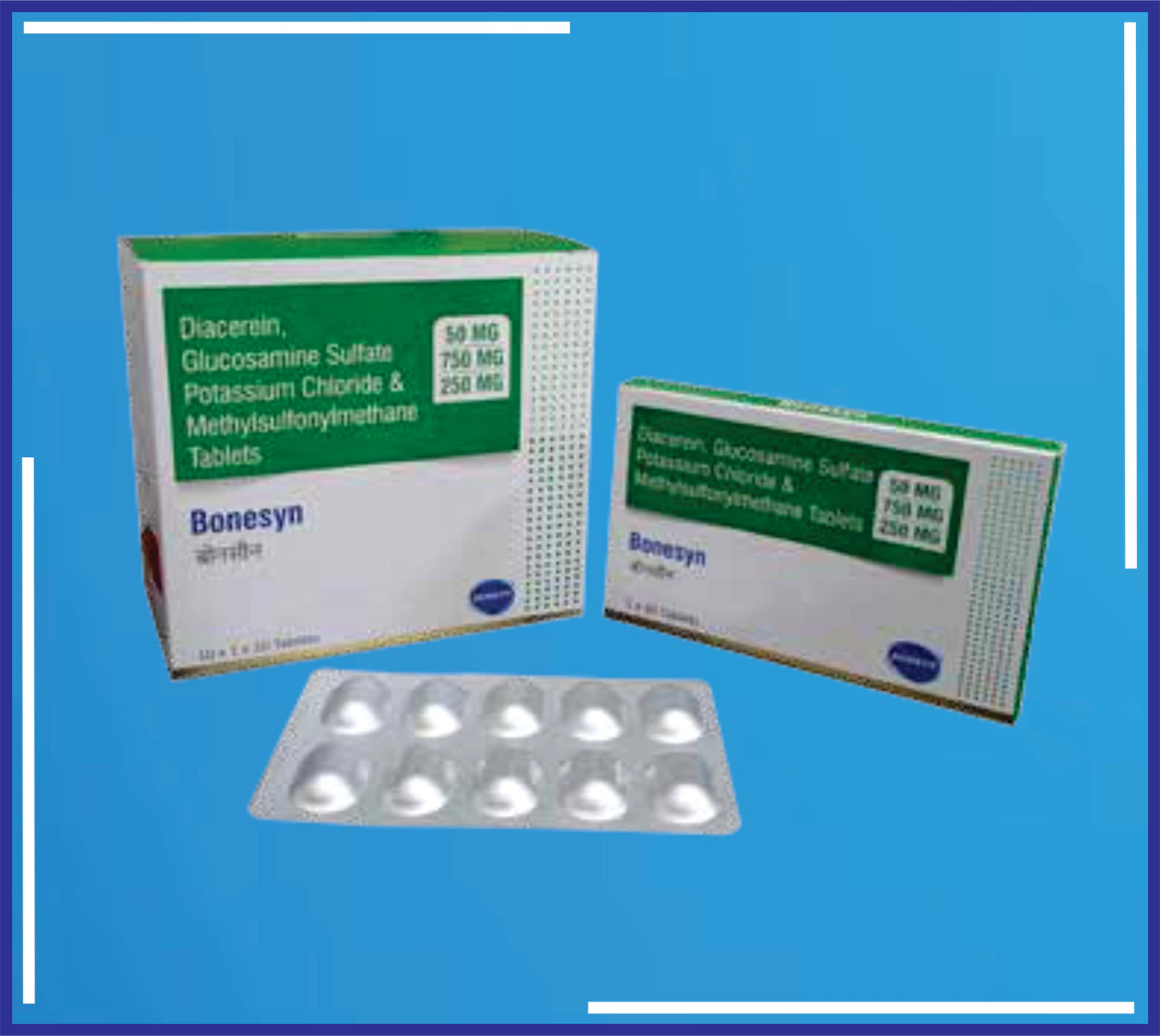 BONESYN TAB (ALU-ALU) 10X1X10 (Diacerein Ip 50Mg + Glocosamine Sulphate Potassium Chloride Usp 750 Mg + Methylsulfonylmethane Usp 250Mg)by Kemsyn