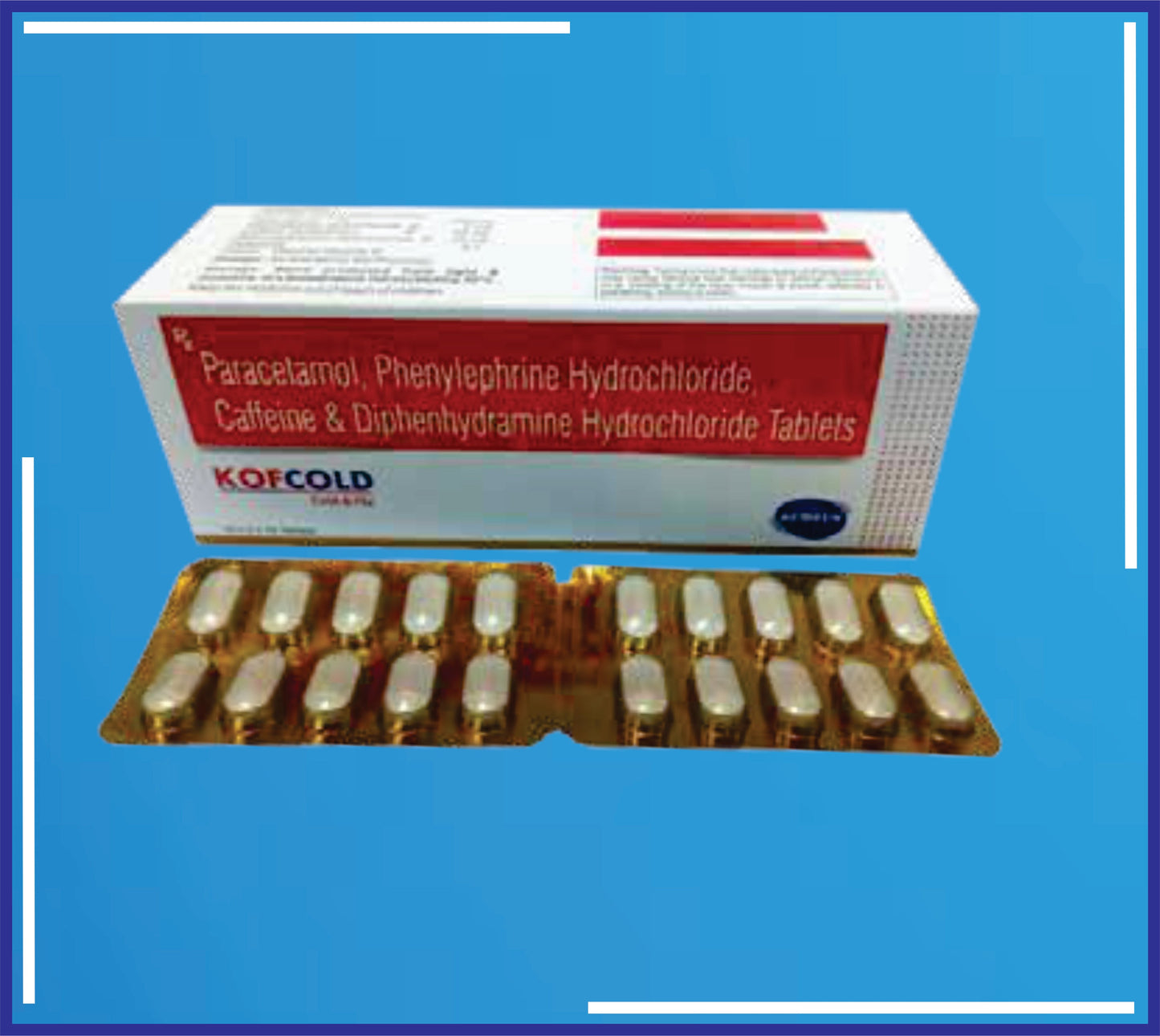 KOFCOLD COLD & FLU TAB (GOLDEN BLISTER) 20X10 (Paracetamol Ip 500Mg + Phenylephrine Hcl Ip 5Mg + Caffeine Ip 30Mg + Diphenhydramine Hcl Ip 25Mg)by Kemsyn