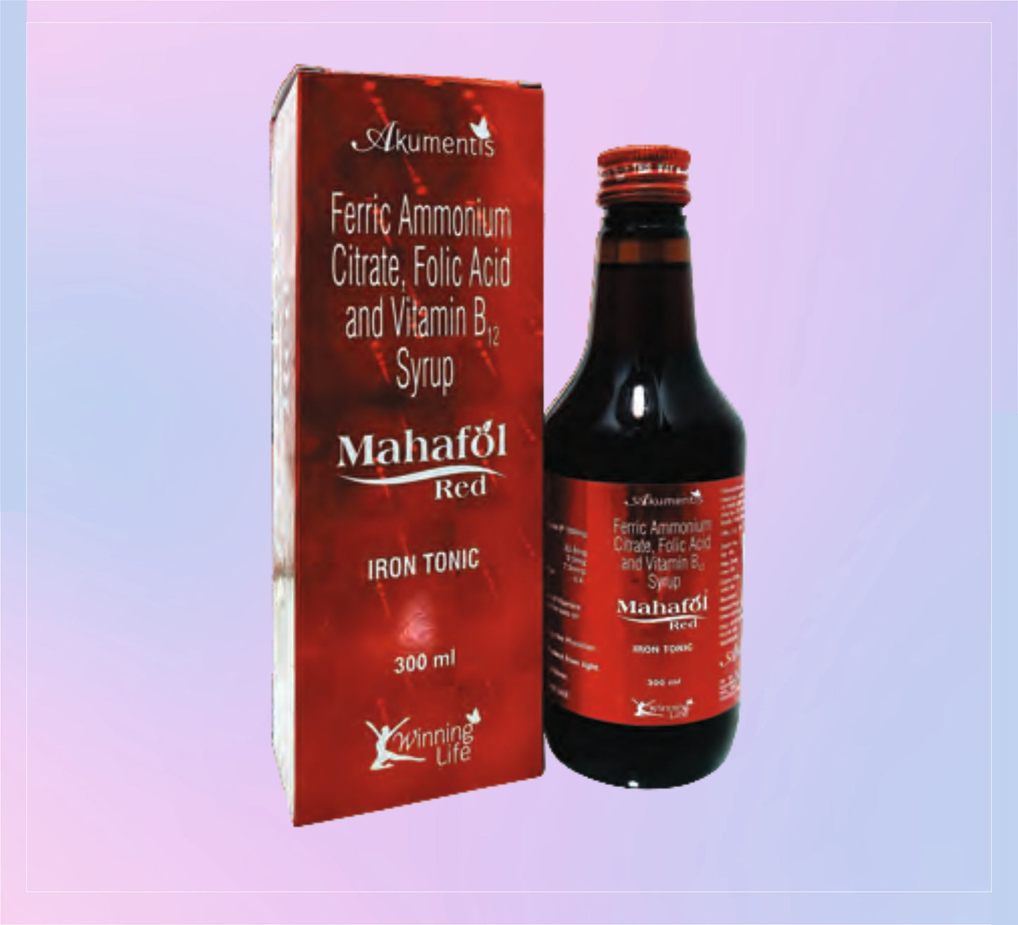 Mahafol Red Syrup 300Ml 1x300ML Iron 32.8 Mg + Folic Acid 0.5 Mg + Vitamin B12 7.5 Mcg by Akumentis