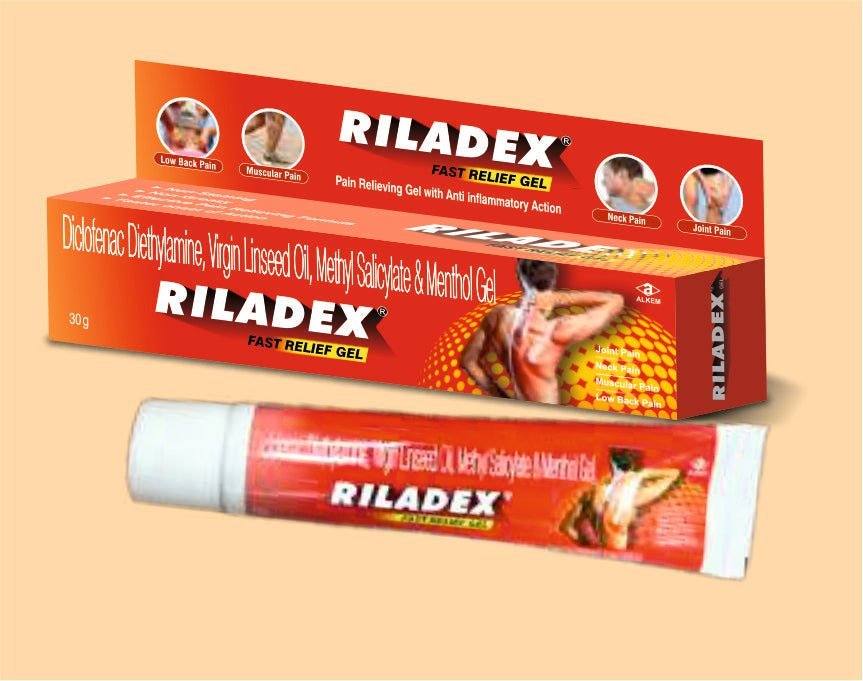 RILADEX FAST RELIEF GEL (30G) Diclofenac Sodium 2% w/w + Linseed Oil 3% w/w + Menthol 5% w/w + Methyl Salicylate 10% w/w by Alkem1
