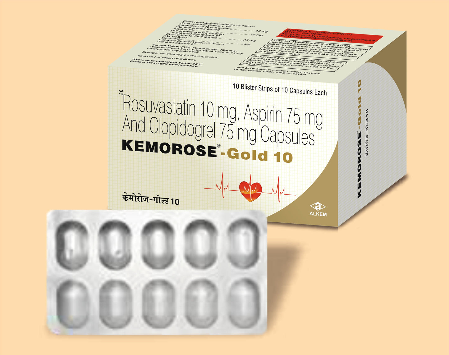 KEMOROSE GOLD 10 CAPSULES (10'S) Rosuvastatin 10 mg + Aspirin 75 mg + Clopidogrel 75 mg by Alkem1