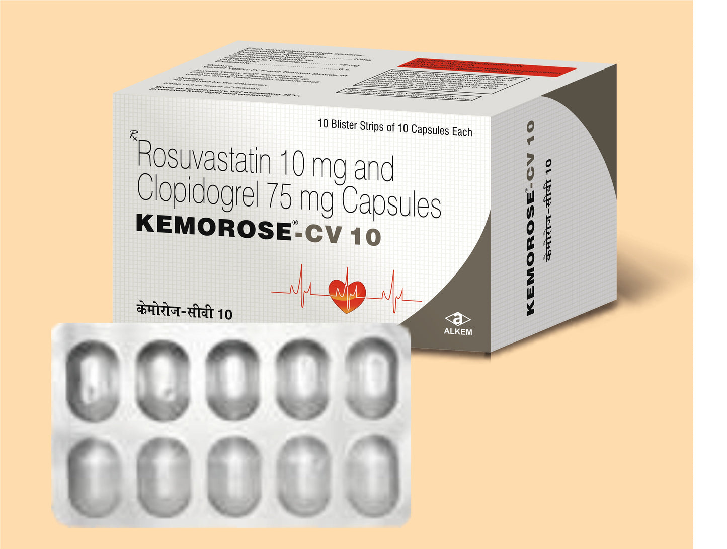 KEMOROSE CV 10 CAPSULES (10'S) Rosuvastatin 10 mg + Clopidogrel 75 mg by Alkem1