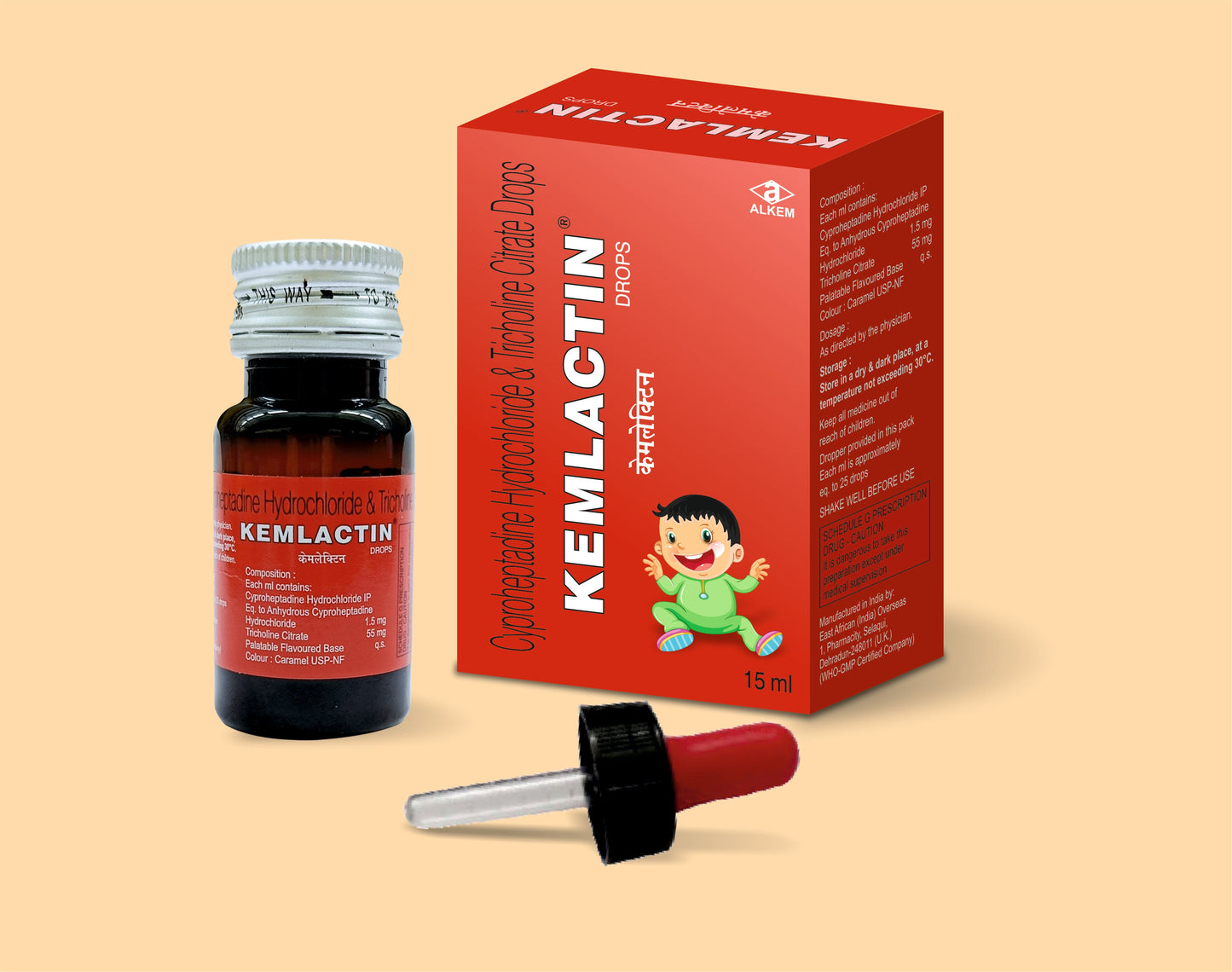 KEMLACTIN DROPS (15ML) Cyproheptadine HCl 1.5 mg + Tricholine Citrate 55 mg by Alkem1