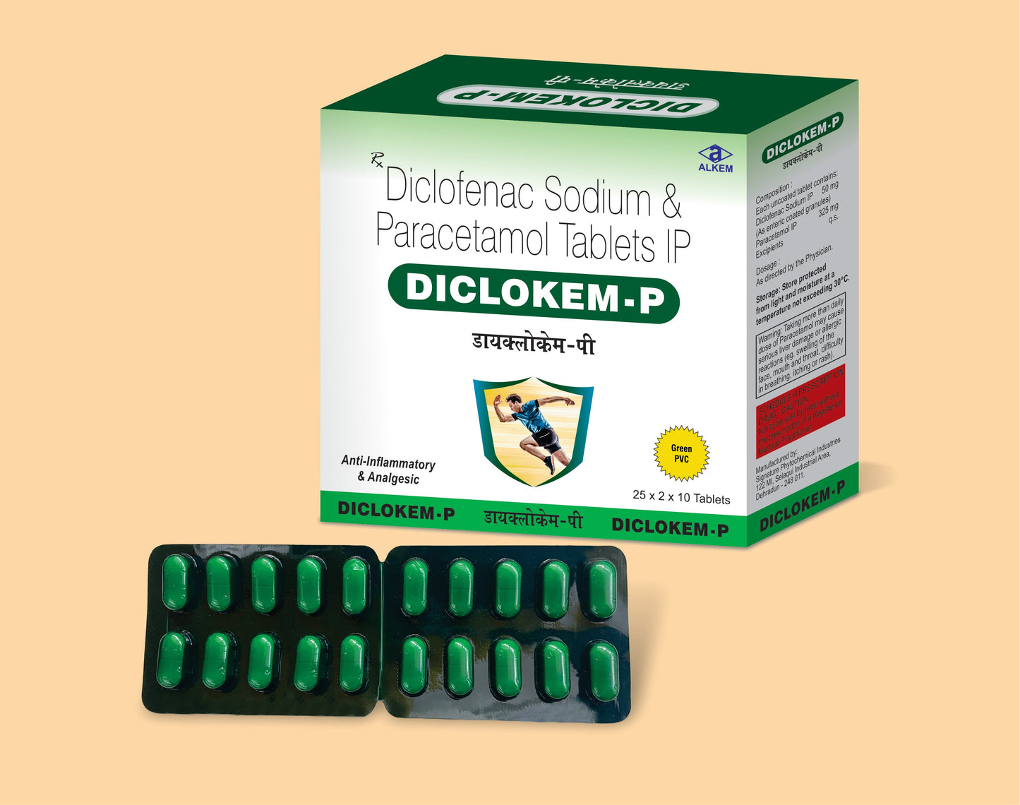 DICLOKEM P TABLET (GREEN 10'S) Diclofenac Sodium 50 mg + Paracetamol 325 mg by Alkem1
