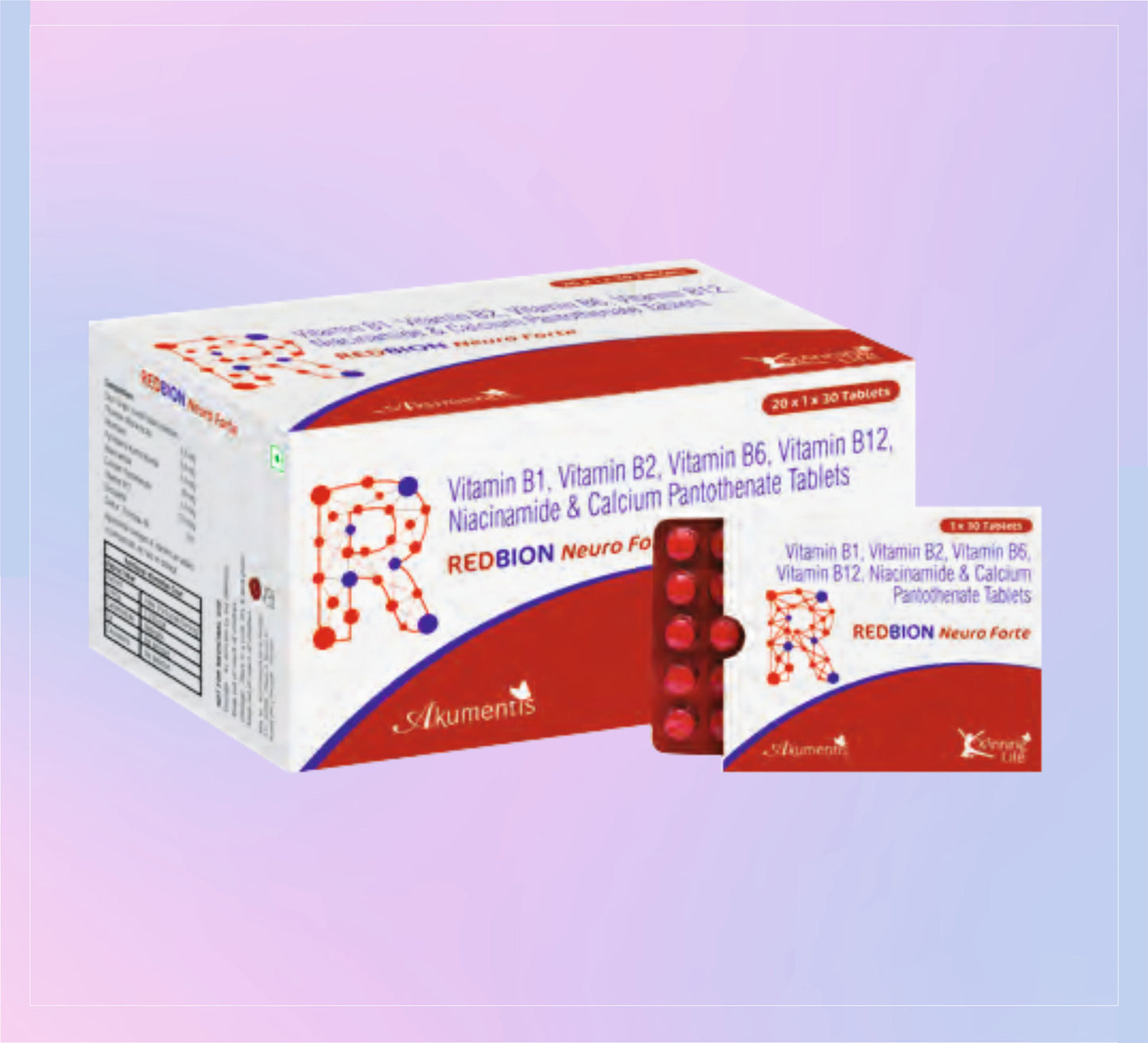 Redbion Neuro Forte Tab (Bl) 20x1x30 Thiamine 2 Mg + Riboflavin 20 Mg + Pyridoxine 0.5 Mg + Niacinamide 25 Mg + Calcium Pantothenate 1 Mg + Vitamin B12 1 Mcg by Akumentis