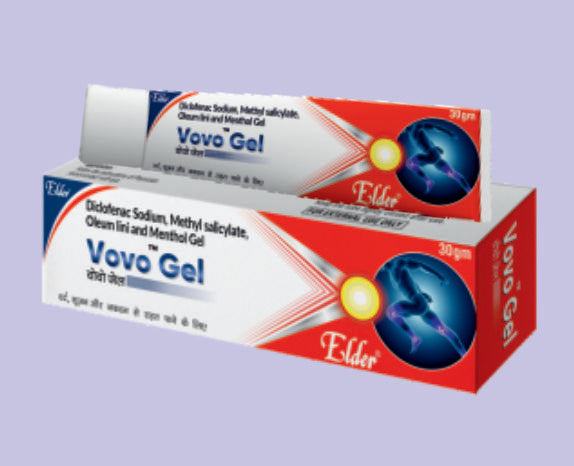 VOVO GEL 30GM ** 30GM ( Diclofenac Diethylamine BP 1.16% w/w + Methyl Saficyfate IP 10% w/w + Menthol IP 5% + Benzyl Alcohol IP 1% w/w+Linseed oil BP 3%w/w + ) by Elder