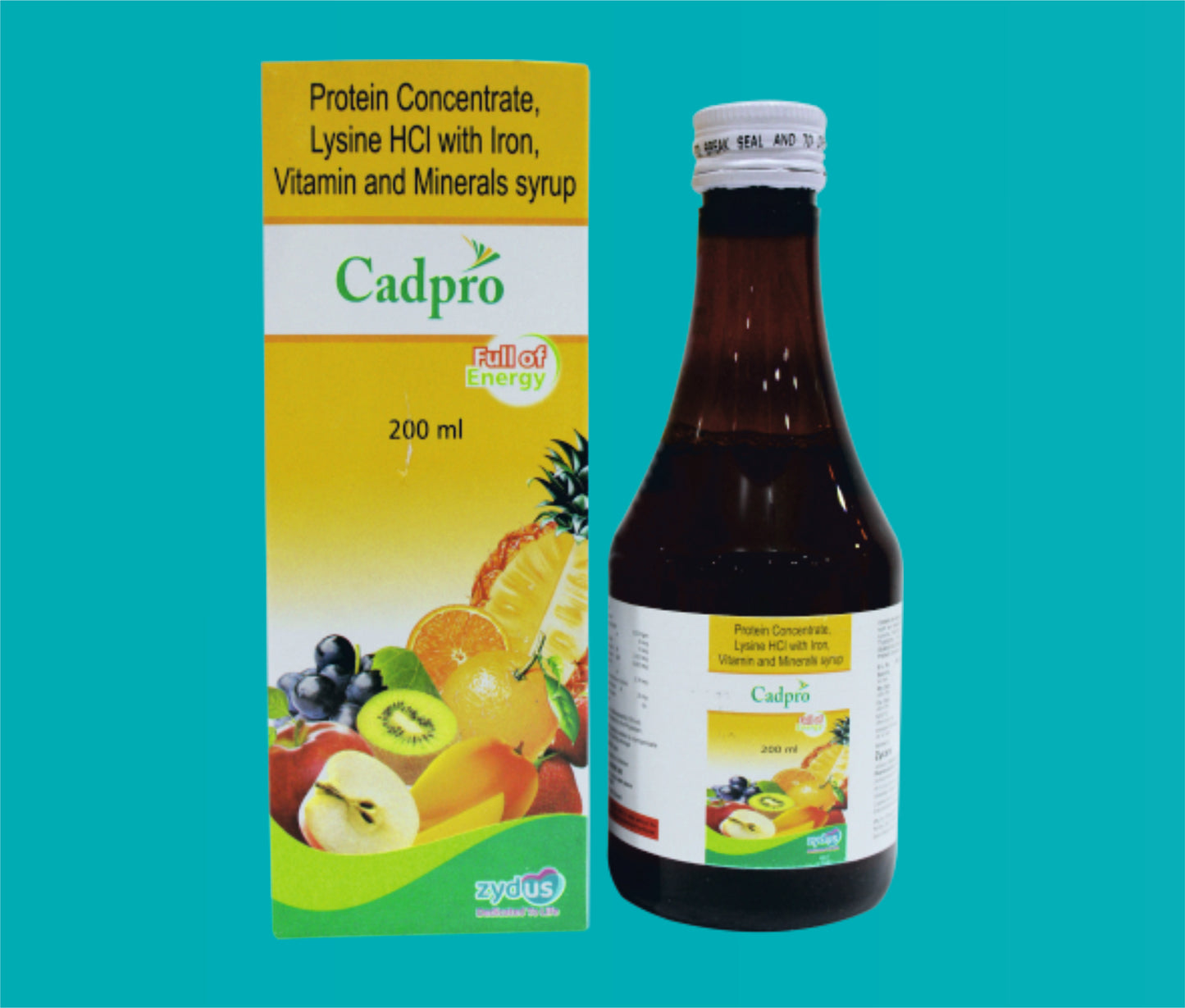 Cadpro Syp. (200 ml. ) Protein Hydrolysate 0.333 g + Carbohydrate 3 g + Niacinamide 10 mg + Iron Choline Citrate 15 mg + Magnesium 3.333 mg + Manganese 0.033 mg + Zinc 0.600 mg + Lysine 20 mg by Zydus