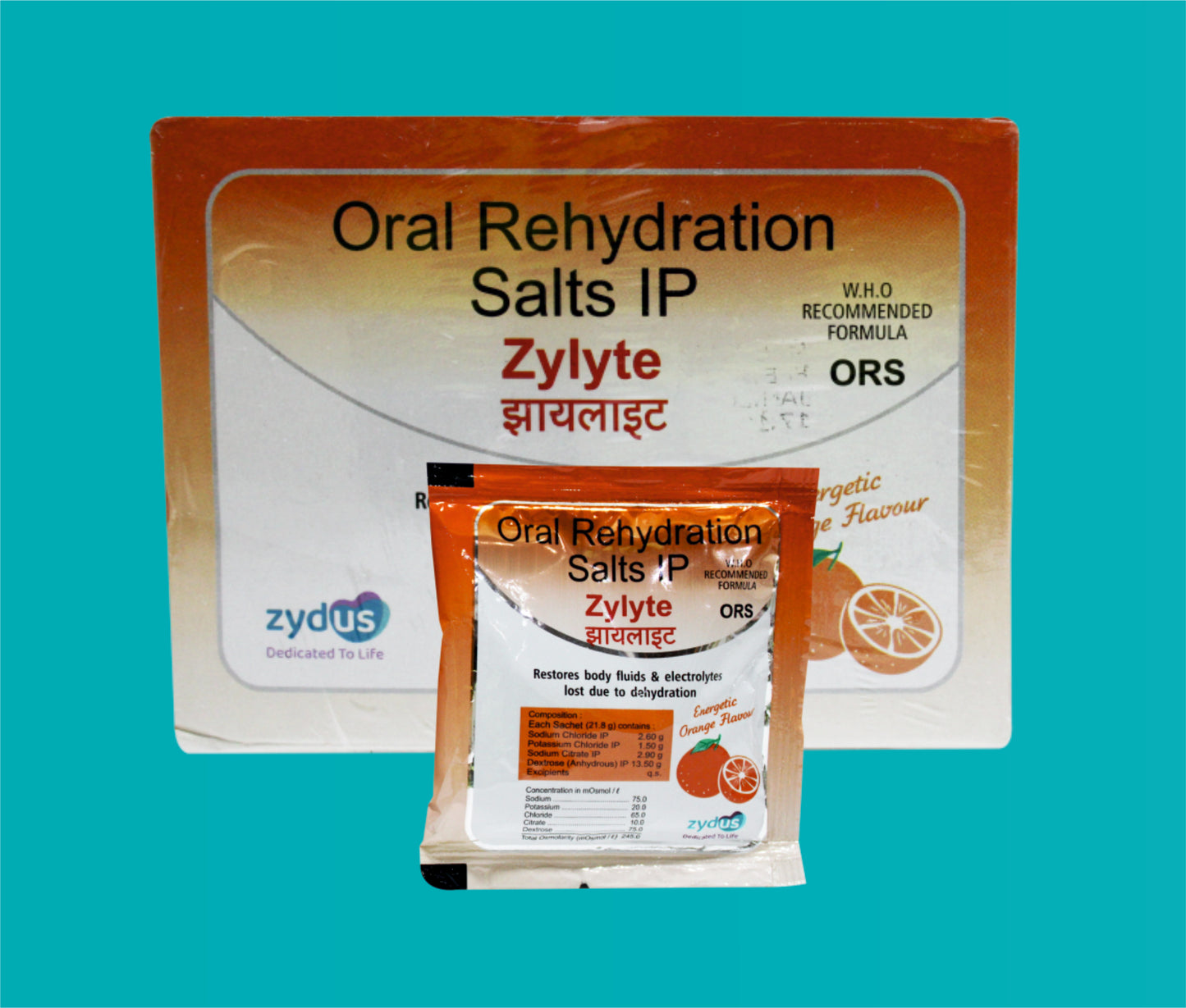 Zylyte ORS
(Orange) (21.8 g) Sodium Chloride 2.6 g + Potassium Chloride 1.5 g + Sodium Citrate 2.9 g + Dextrose 13.5 g by Zydus