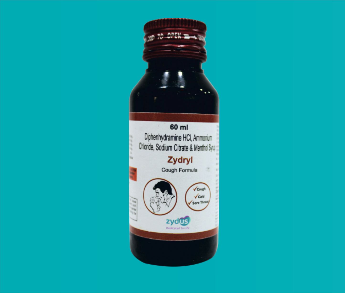 Zydryl Syp (60ml.) Diphenhydramine 14.08 mg + Ammonium Chloride 138 mg + Sodium Citrate 57.03 mg + Menthol 1.14 mg by Zydus