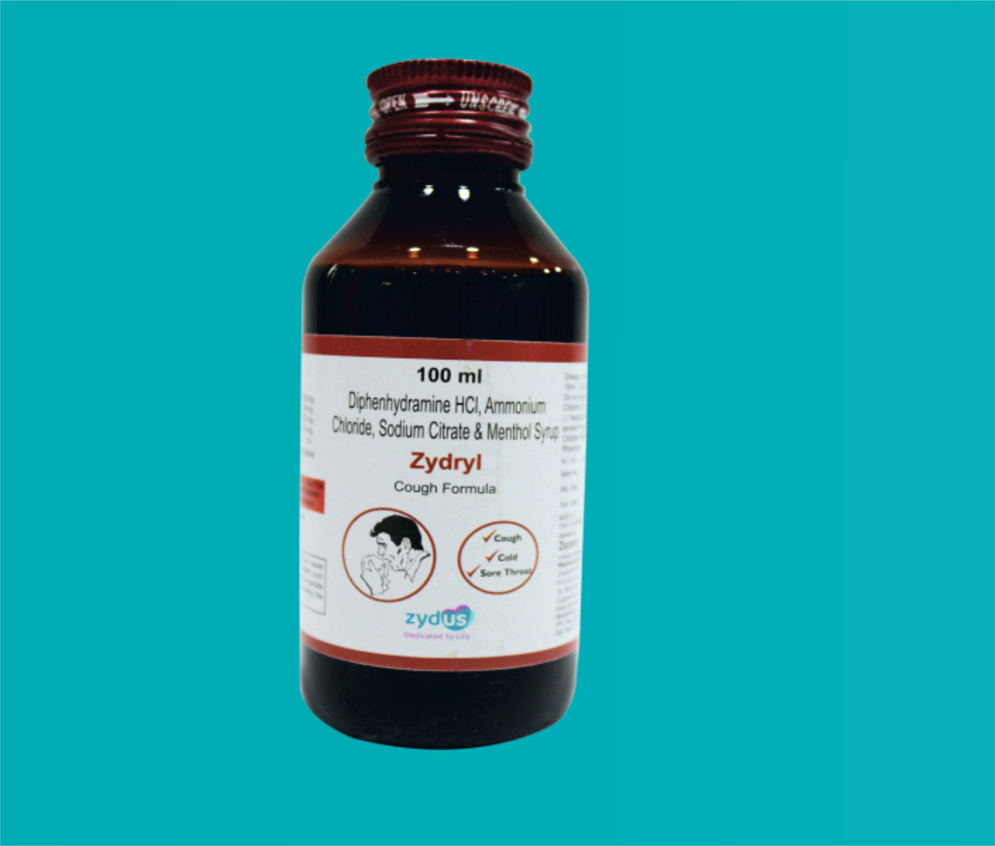 Zydryl Syp (100ml.) Diphenhydramine 14.08 mg + Ammonium Chloride 138 mg + Sodium Citrate 57.03 mg + Menthol 1.14 mg by Zydus