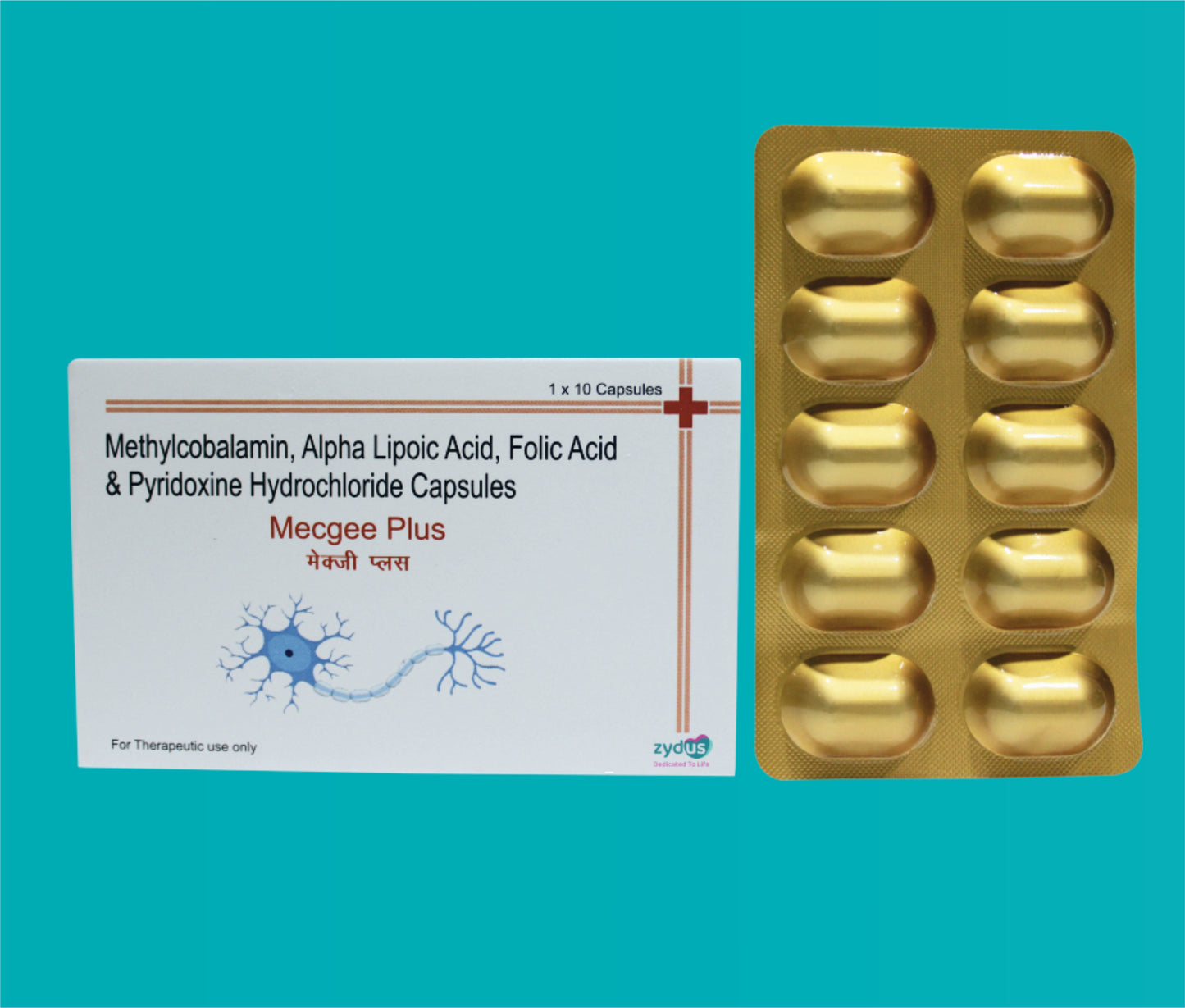 MECGEE PLUS CAPSULE (10 x 1 x 10) Methylcobalamin 1500 mcg + Alpha Lipoic Acid 100 mg + Folic Acid 1.5 mg + Pyridoxine 3 mg by Zydus