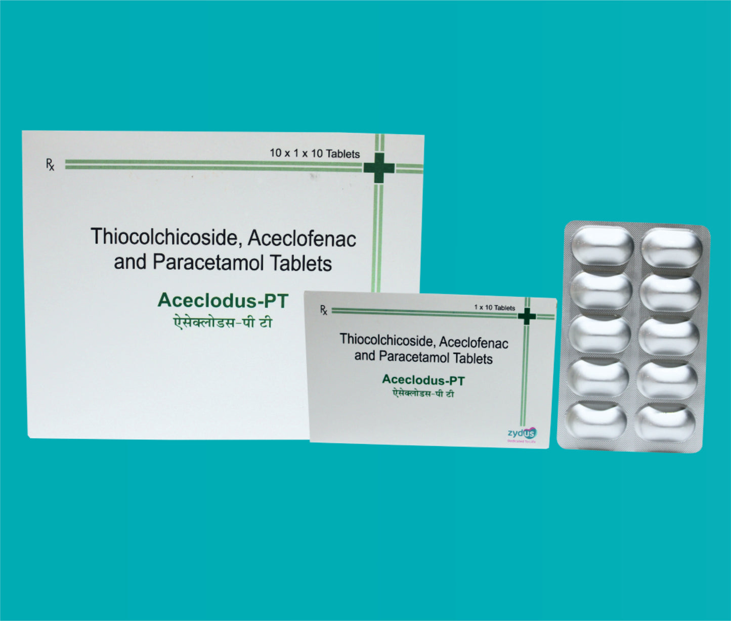 Aceclodus-PT Tabs
(Alu- Alu Pack) (10 x 1 x 10) Aceclofenac 100 mg + Paracetamol 325 mg + Thiocolchicoside 4 mg by Zydus
