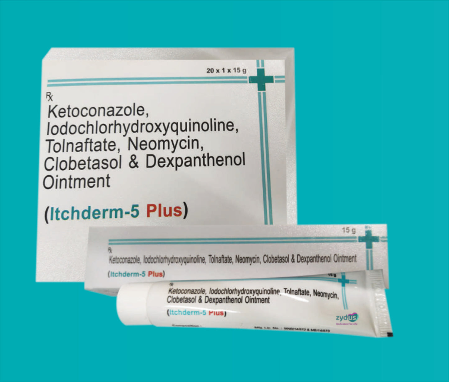 Itchderm-5 Plus (15 gm) Ketoconazole 20 mg + Iodochlorhydroxyquinoline 10 mg + Tolnaftate 10 mg + Neomycin 1 mg + Clobetasol Propionate 0.05 mg + Dexpanthenol 0.5 mg by Zydus