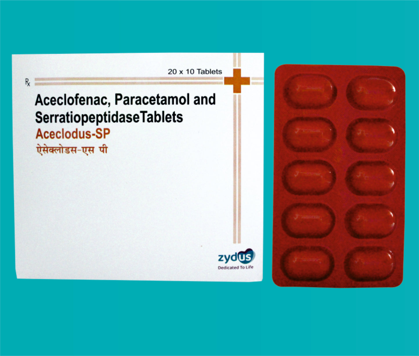 Aceclodus -SP Tabs.
(Orange PVC).
(20 x 10) Aceclofenac 100 mg + Paracetamol 325 mg + Serratiopeptidase 15 mg by Zydus