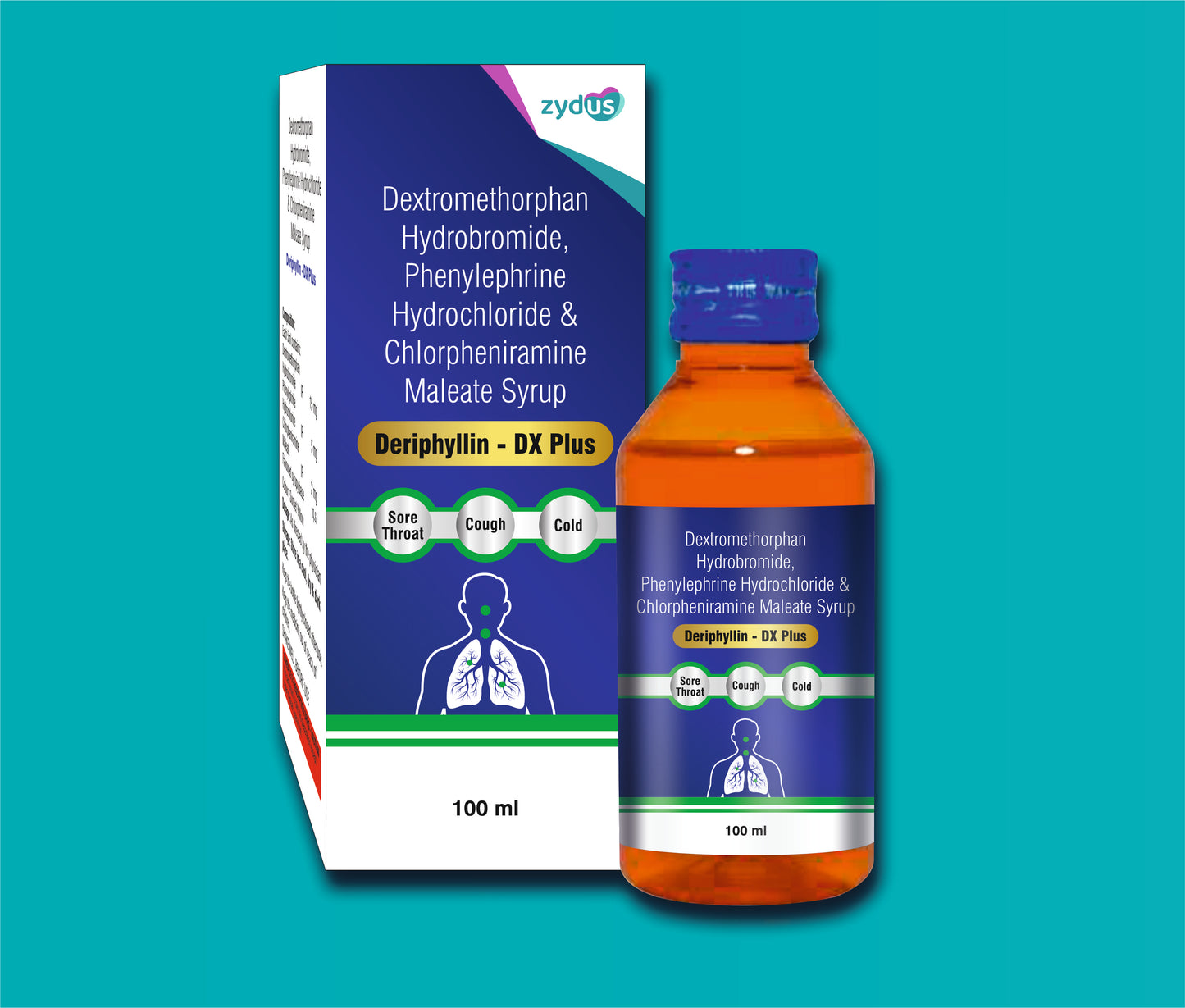 Deriphyllin DX Plus (100 ML) Chlorpheniramine 2 mg + Phenylephrine 5 mg + Dextromethorphan 15 mg by Zydus