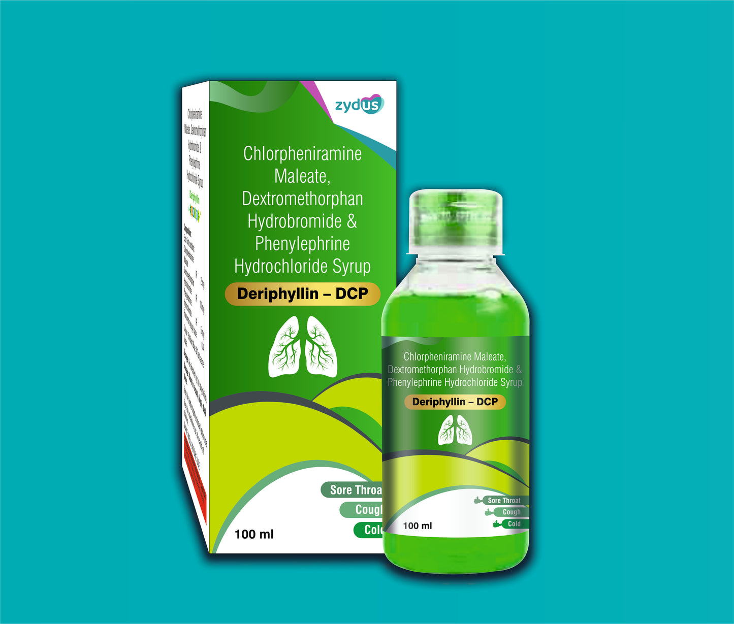 Deriphyllin DCP Syrup 100 ml (100 ML) Chlorpheniramine 2 mg + Phenylephrine 5 mg + Dextromethorphan 10 mg by Zydus