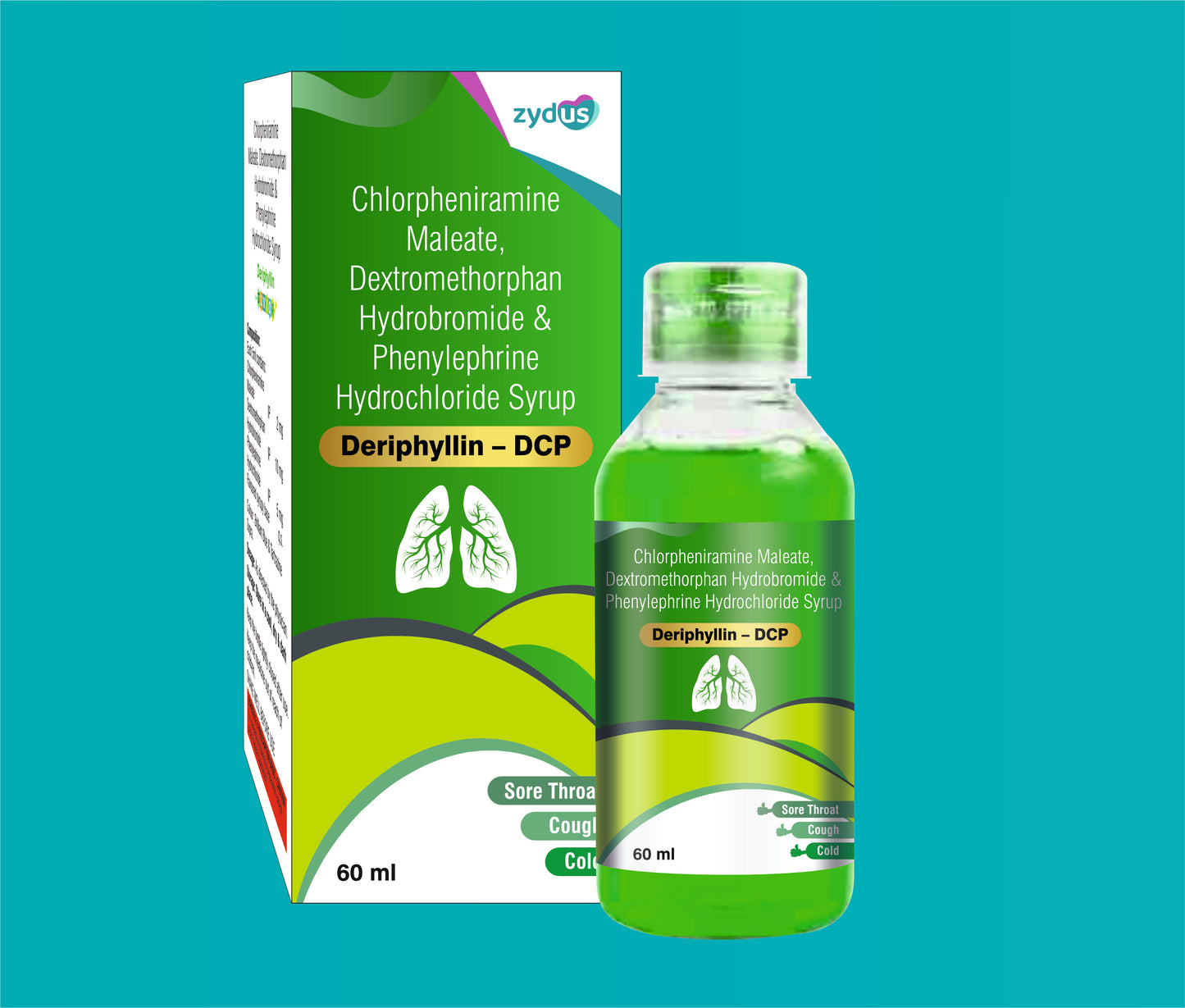 Deriphyllin DCP Syrup 60 ml (60ML) Chlorpheniramine 2 mg + Phenylephrine 5 mg + Dextromethorphan 10 mg by Zydus