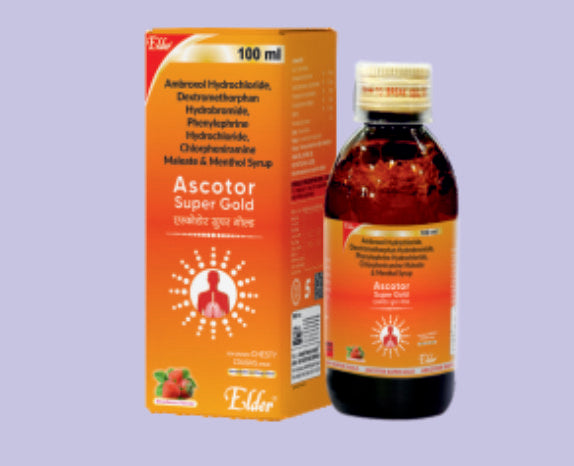 ASCOTOR SUPER GOLD SYP 100ML ( Ambroksol Hidroklorür IP 15mg, Dekstrometorfan Hidrobromür 10mg, Fenilefrin Hidroklorür IP 5mg, Klorfeniramin Maleat IP 2mg, Mentol IP 1.5mg ) Elder üretimi