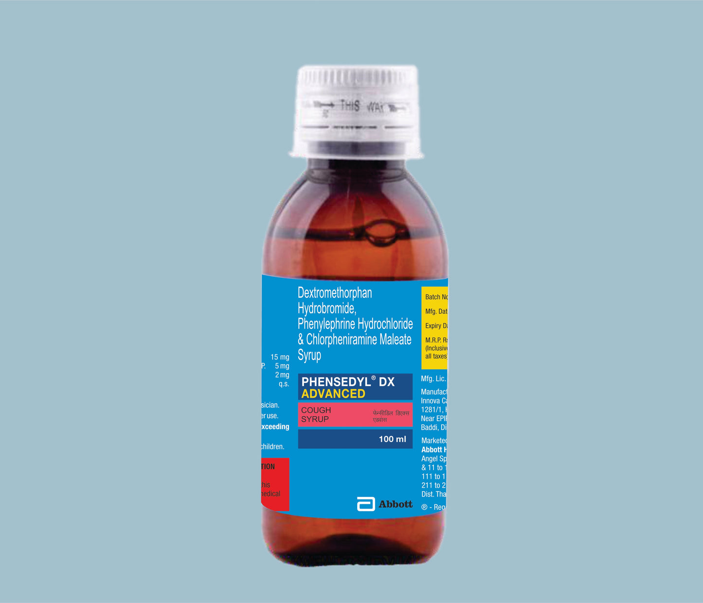 Phensedyl DX Advanced 100ml (100ml) (Dextromethorphan Hydrobromide 15mg, Phenylephrine
Hydrochloride 5mg, Chlorpheniramine Maleate 2mg)  by Abbott